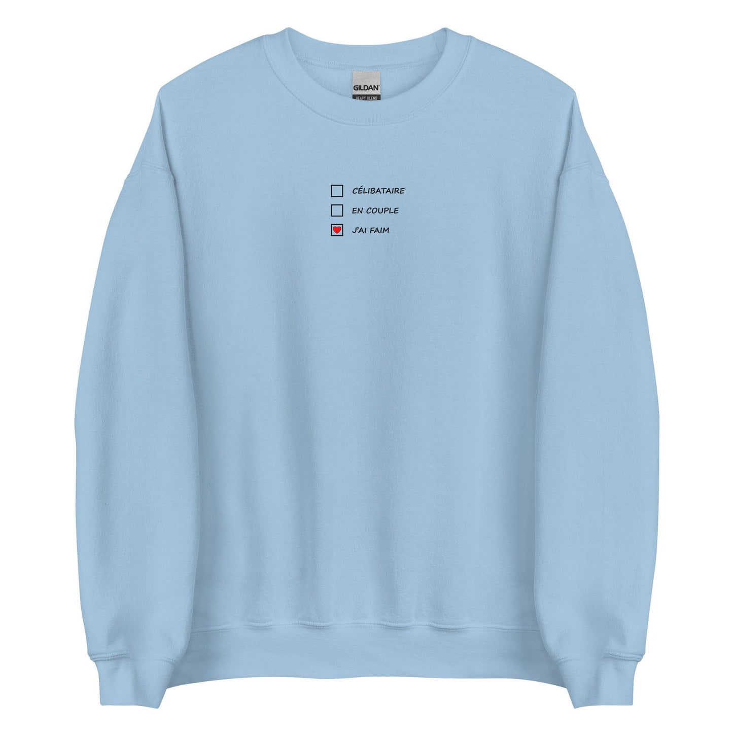 Sweat unisexe col rond Célibataire en couple j'ai faim cases à cocher Bleu Clair - Sedurro