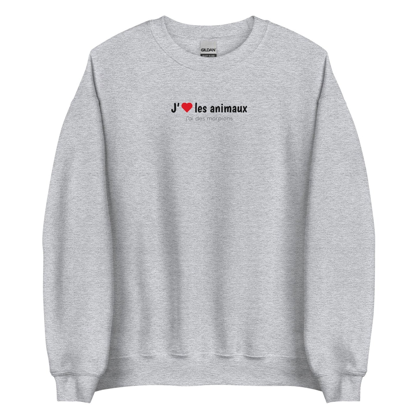 Sweat unisexe col rond J'aime les animaux j'ai des morpions Gris Sport - Sedurro