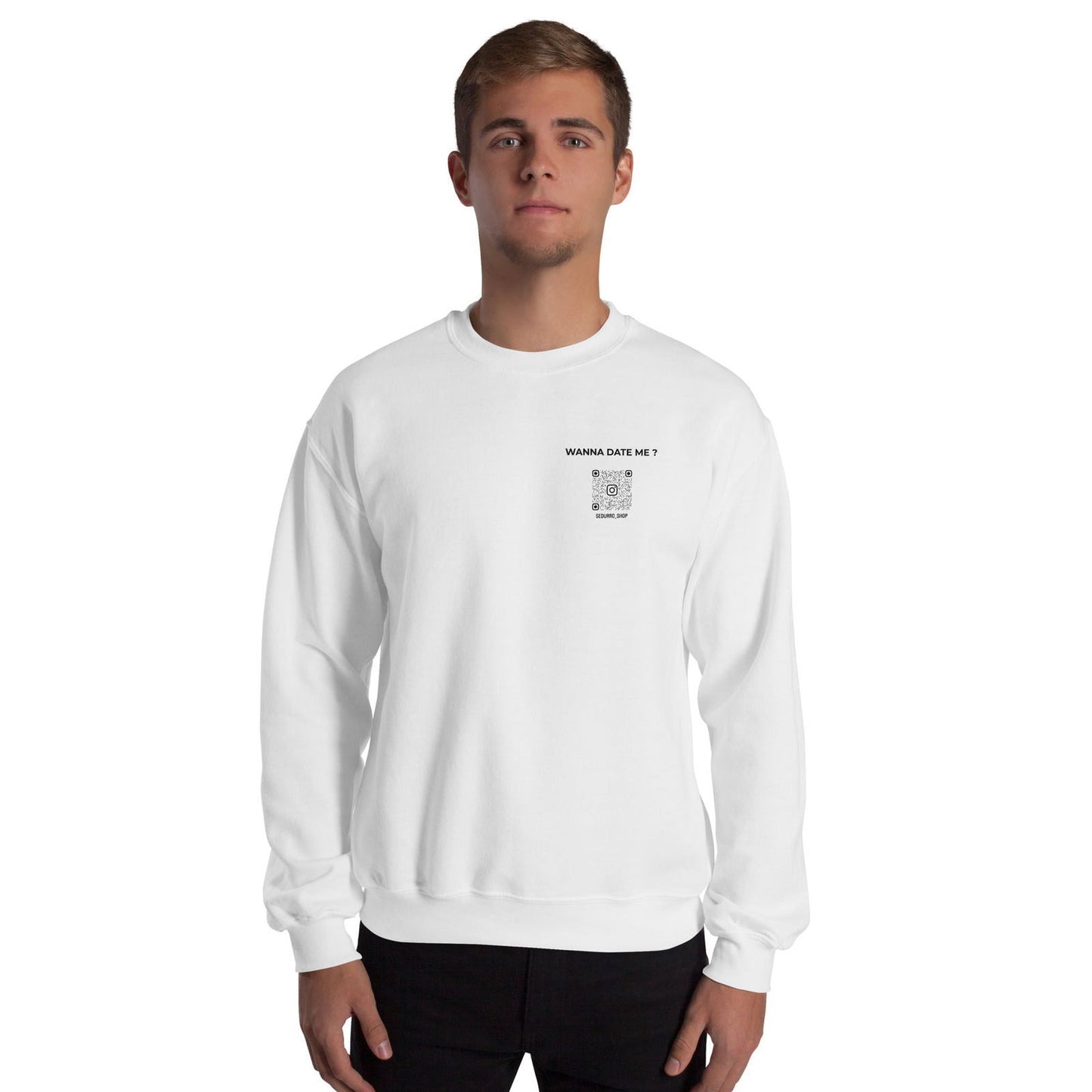 Sweat unisexe col rond personnalisable QR code Instagram poitrine - Wanna date me - clair - Sedurro