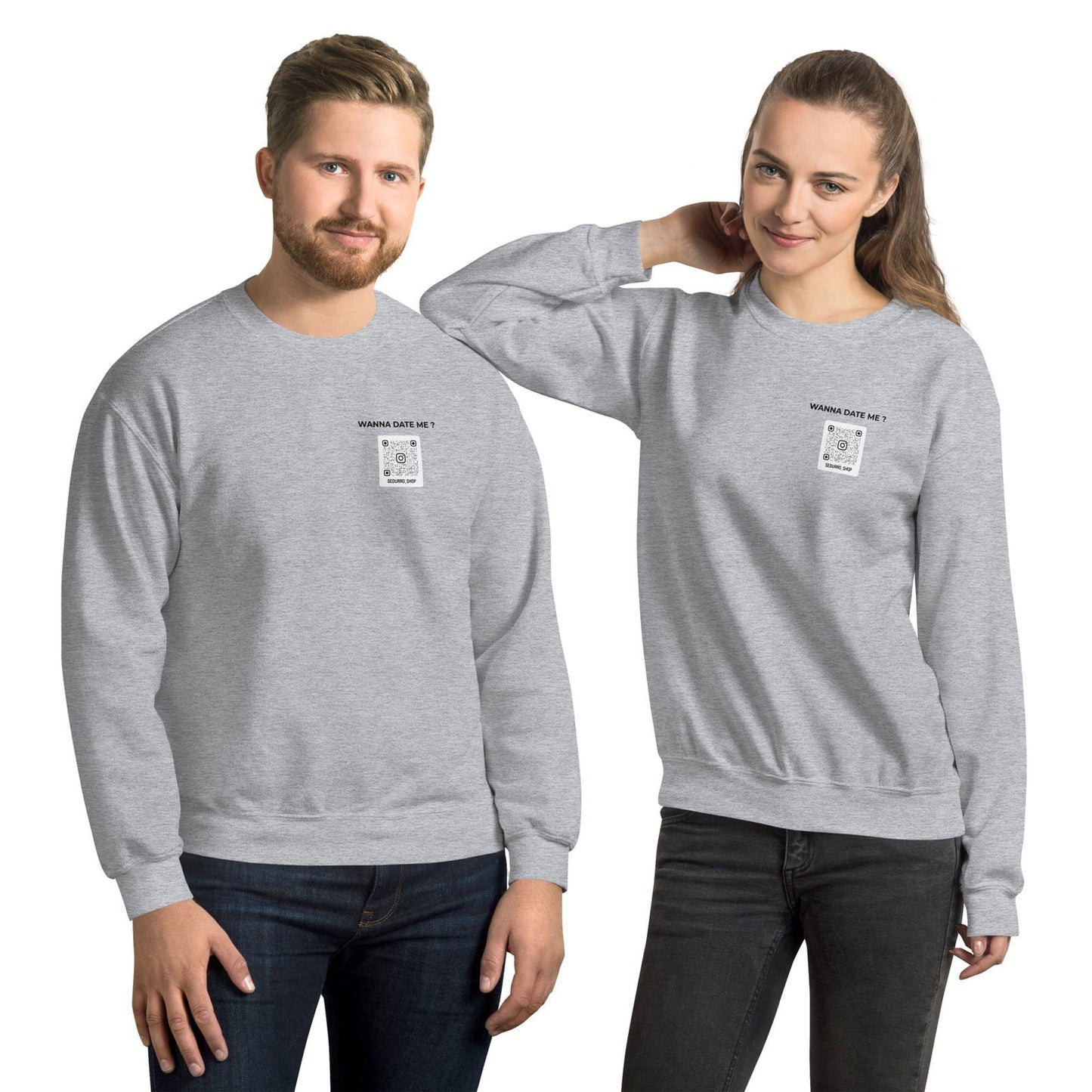 Sweat unisexe col rond personnalisable QR code Instagram poitrine - Wanna date me - clair - Sedurro
