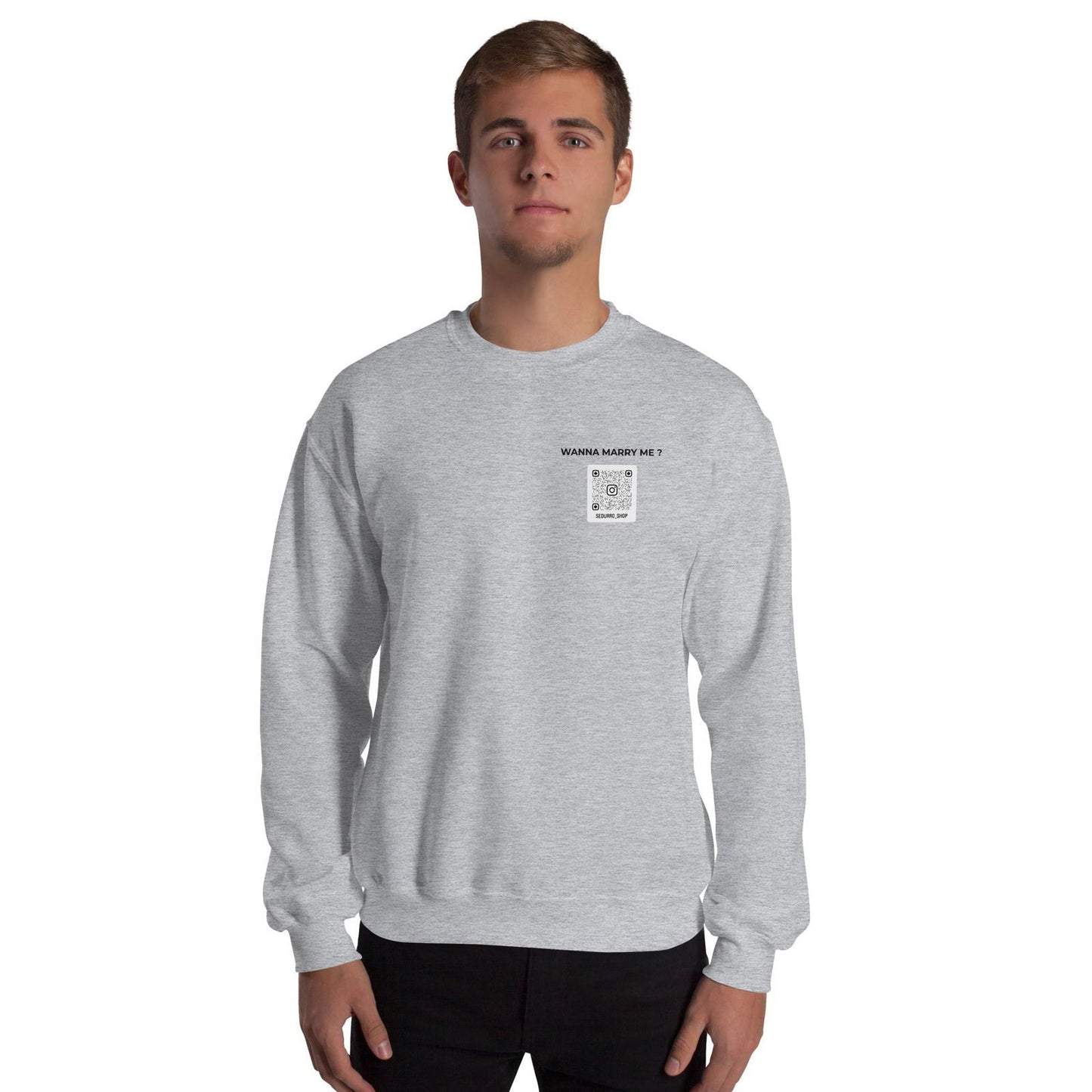 Sweat unisexe col rond personnalisable QR code Instagram poitrine - Wanna marry me - clair - Sedurro