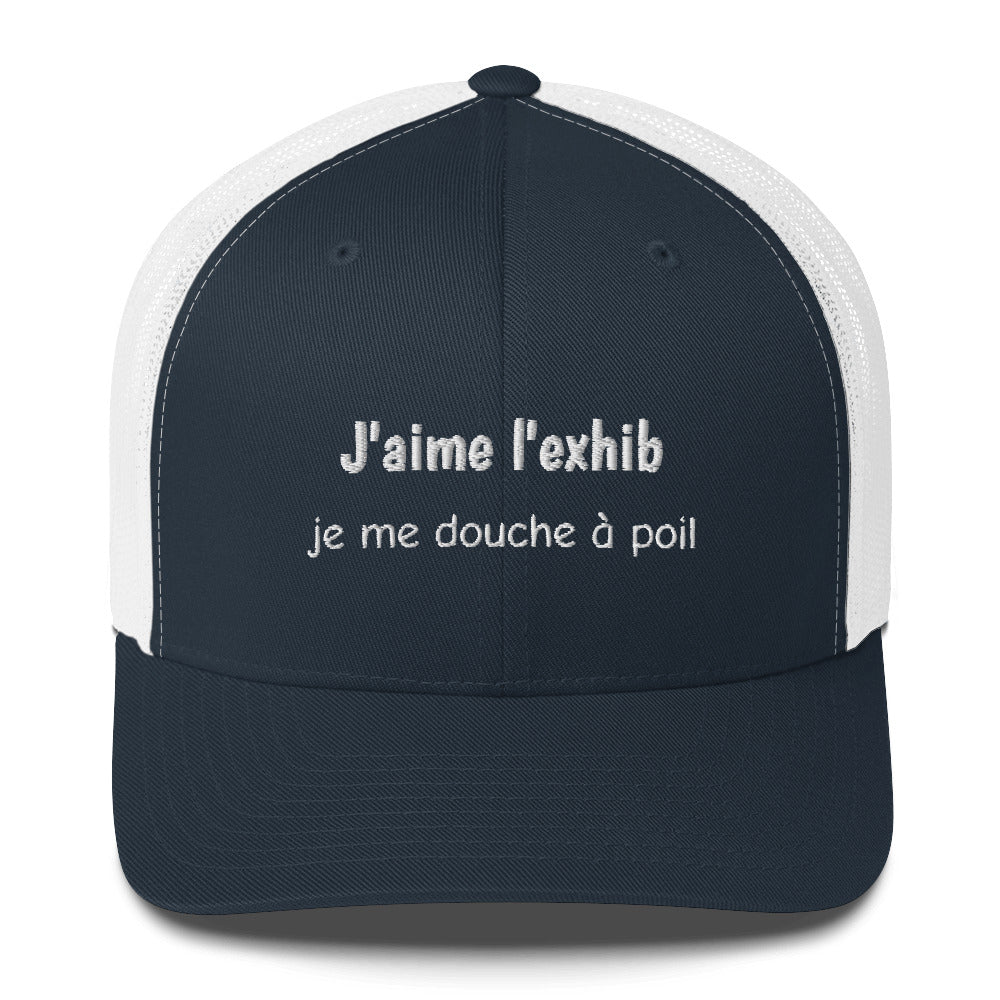 Casquette brodée J'aime l'exhib je me douche à poil Bleu Marine Blanc - Sedurro