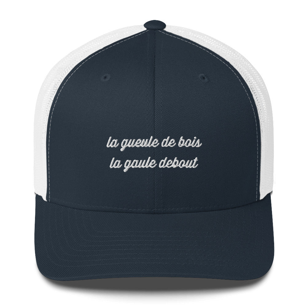 Casquette brodée Je me lève avec la gueule de bois et la gaule debout Bleu Marine Blanc - Sedurro