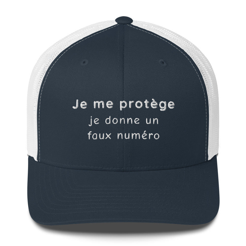 Casquette brodée Je me protège je donne un faux numéro Bleu Marine Blanc - Sedurro