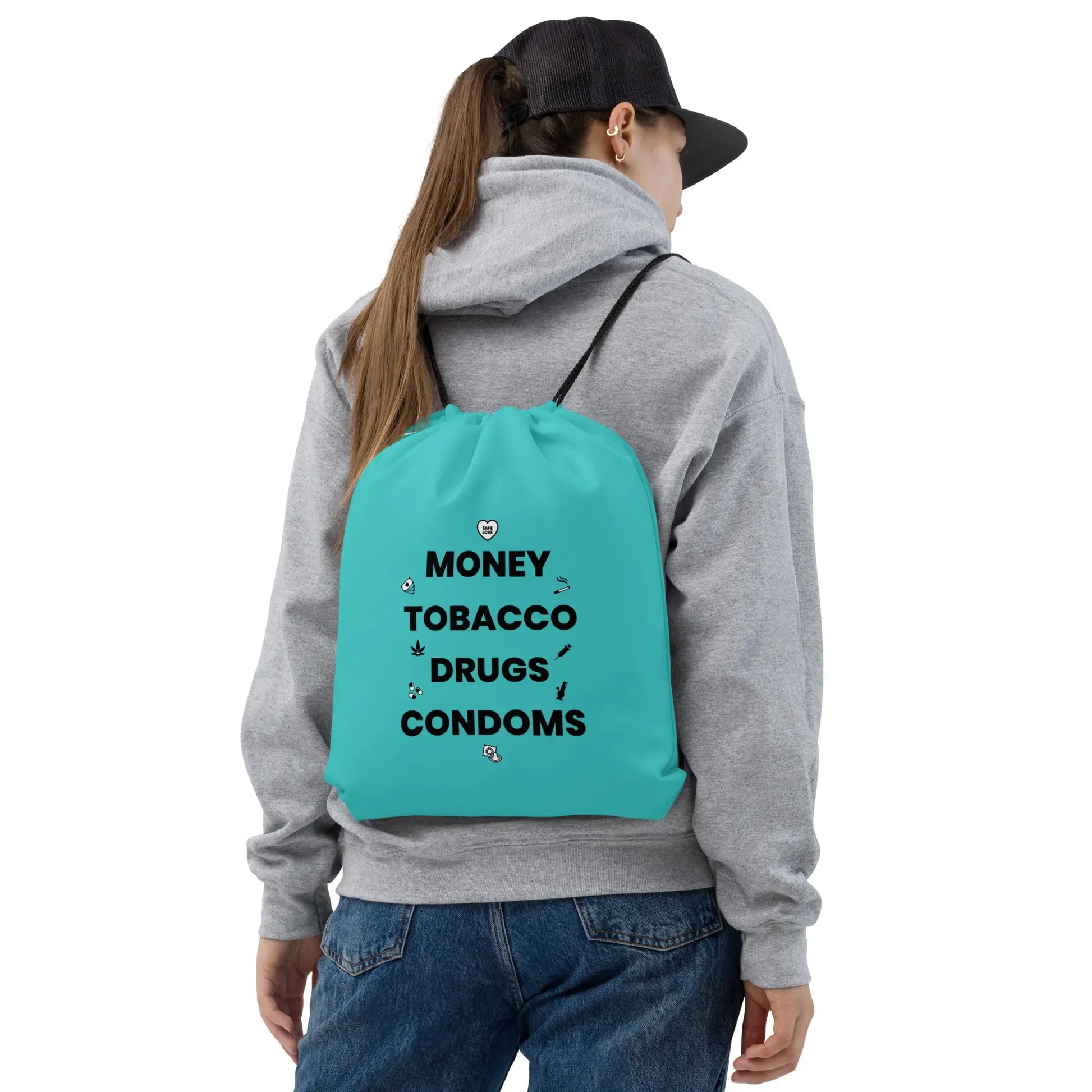 Sac à cordon Money Tobacco Drugs Condoms bleu clair - Sedurro