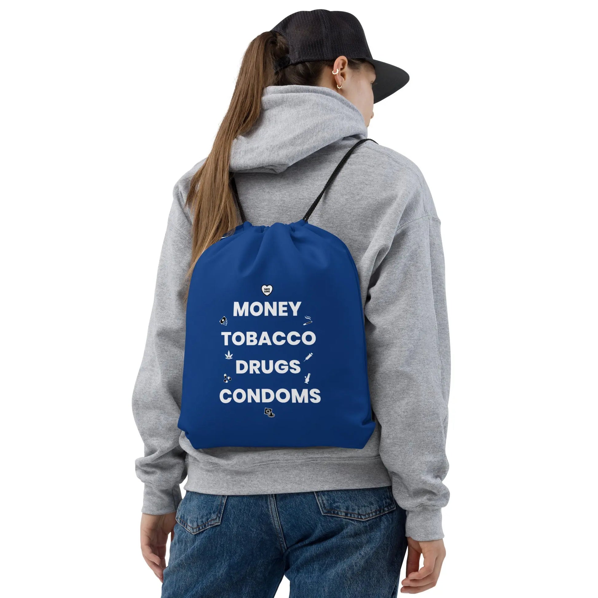 Sac à cordon Money Tobacco Drugs Condoms bleu foncé - Sedurro