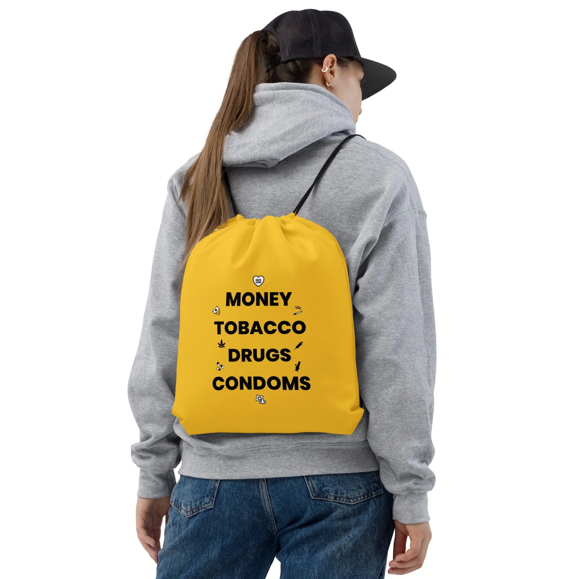 Sac à cordon Money Tobacco Drugs Condoms jaune - Sedurro