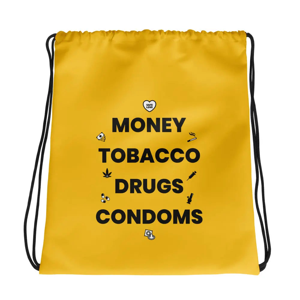 Sac à cordon Money Tobacco Drugs Condoms jaune - Sedurro