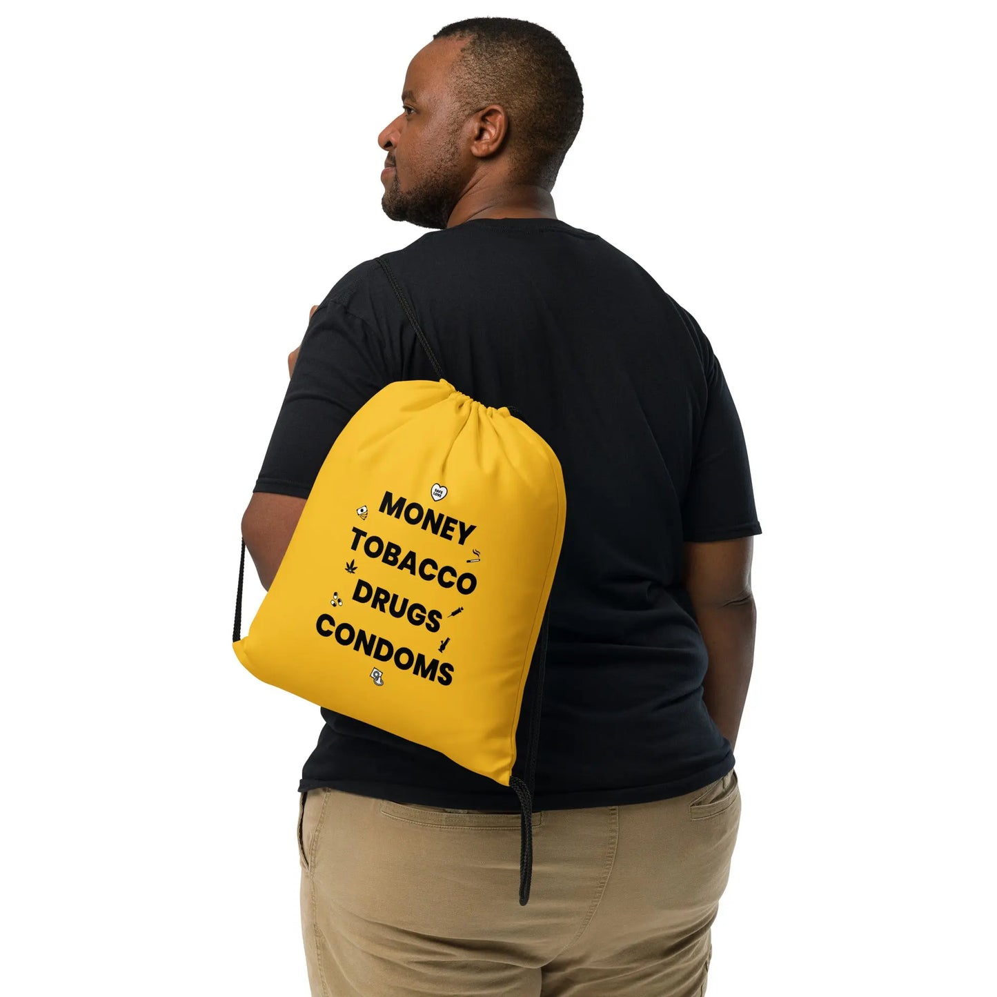 Sac à cordon Money Tobacco Drugs Condoms jaune - Sedurro