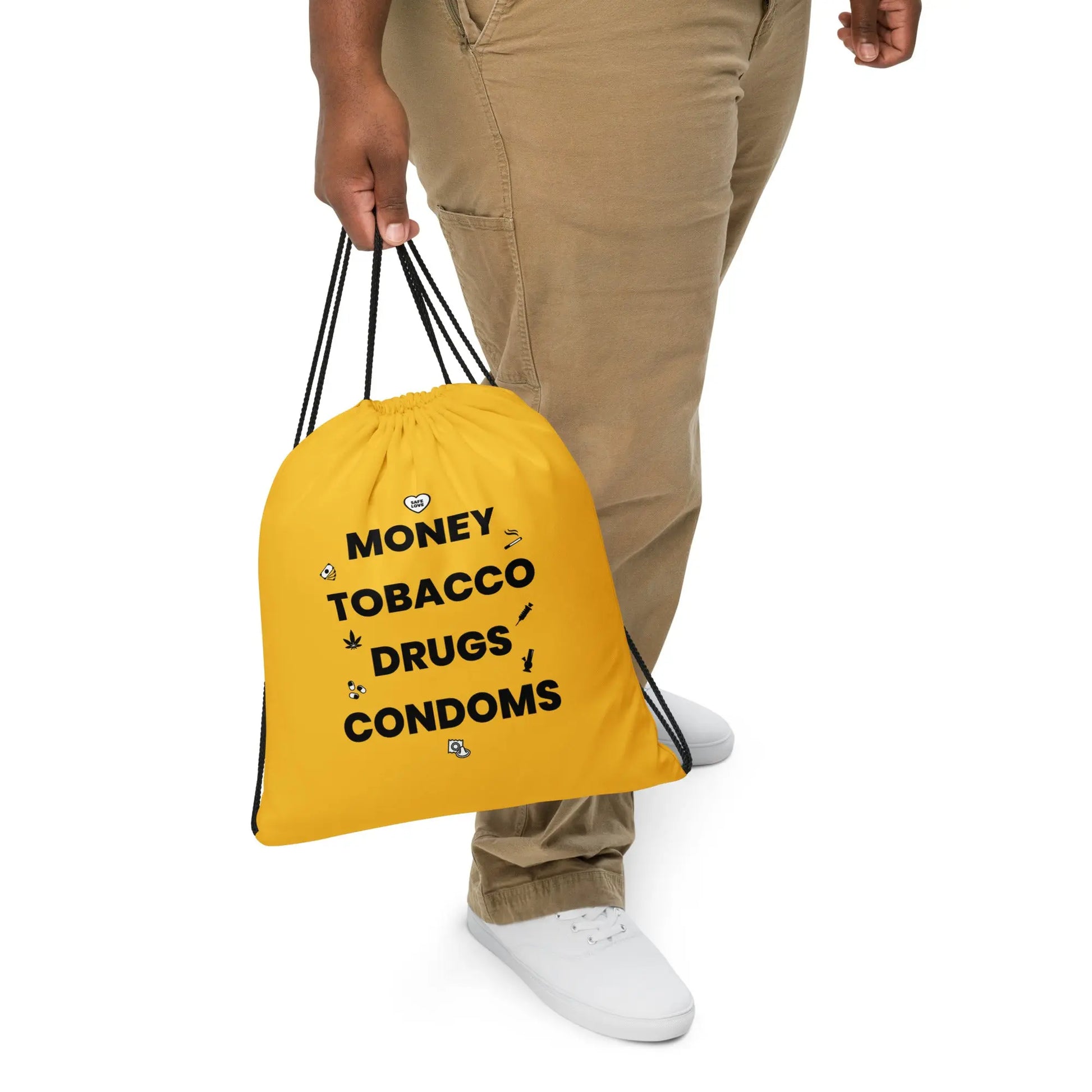 Sac à cordon Money Tobacco Drugs Condoms jaune - Sedurro