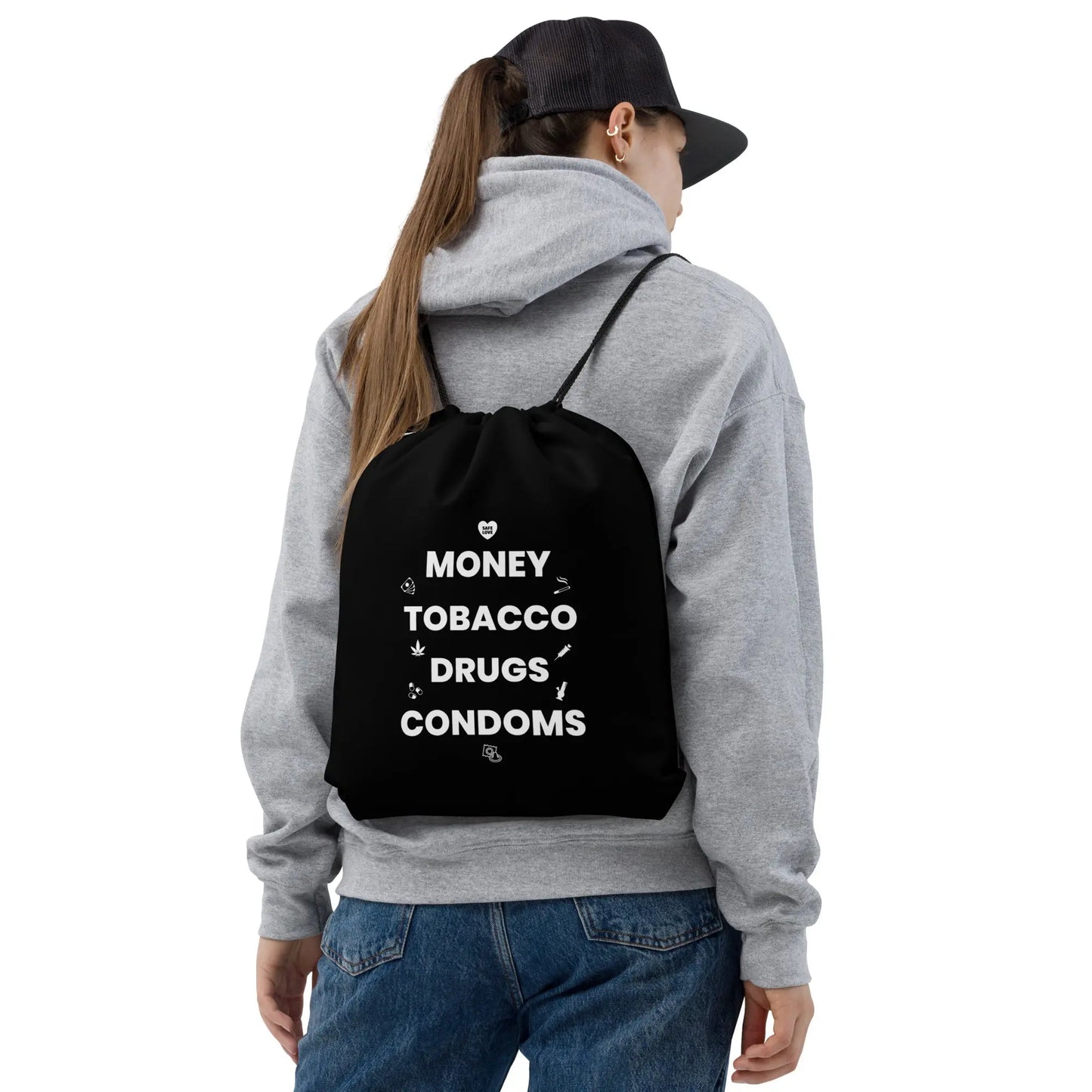 Sac à cordon Money Tobacco Drugs Condoms noir - Sedurro