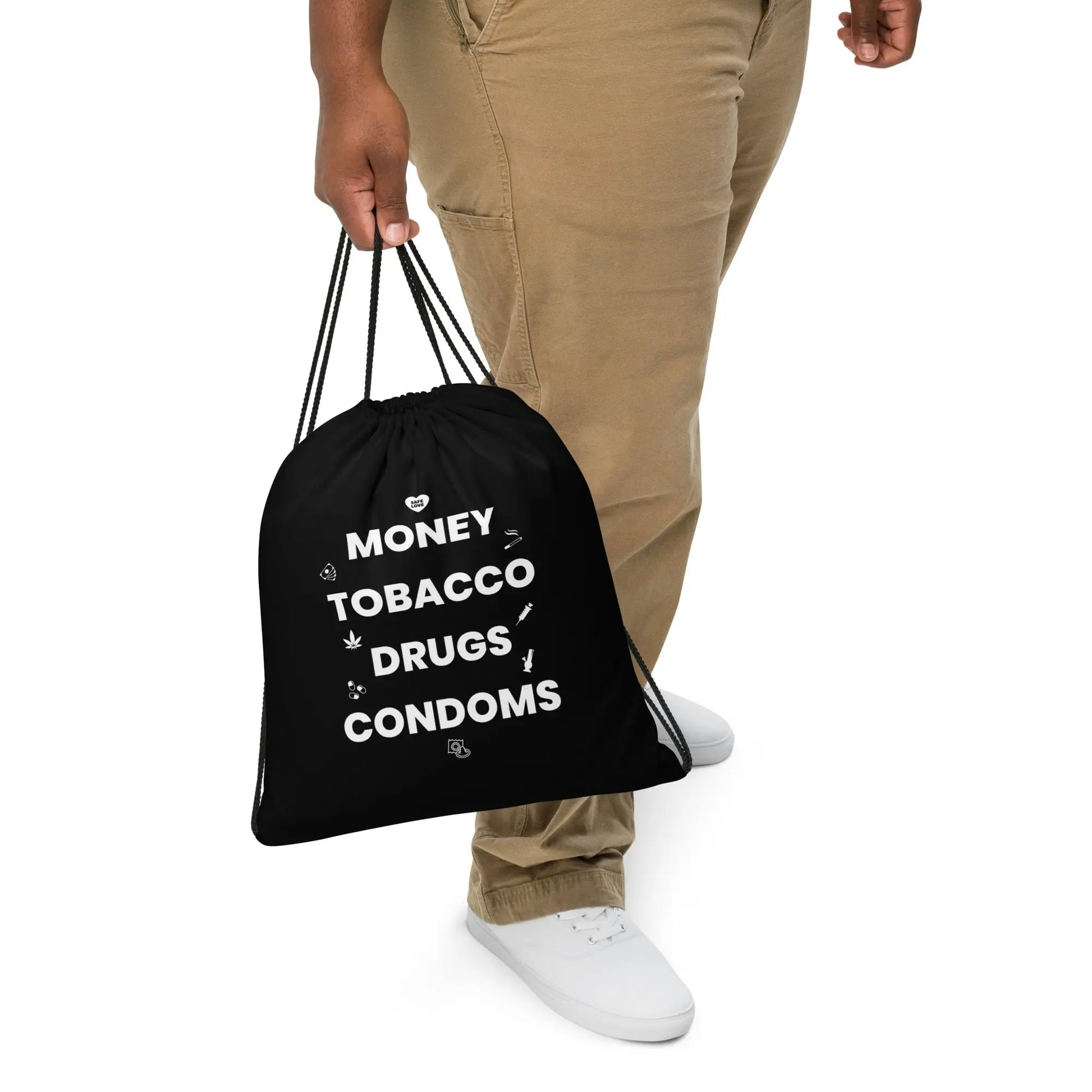 Sac à cordon Money Tobacco Drugs Condoms noir - Sedurro
