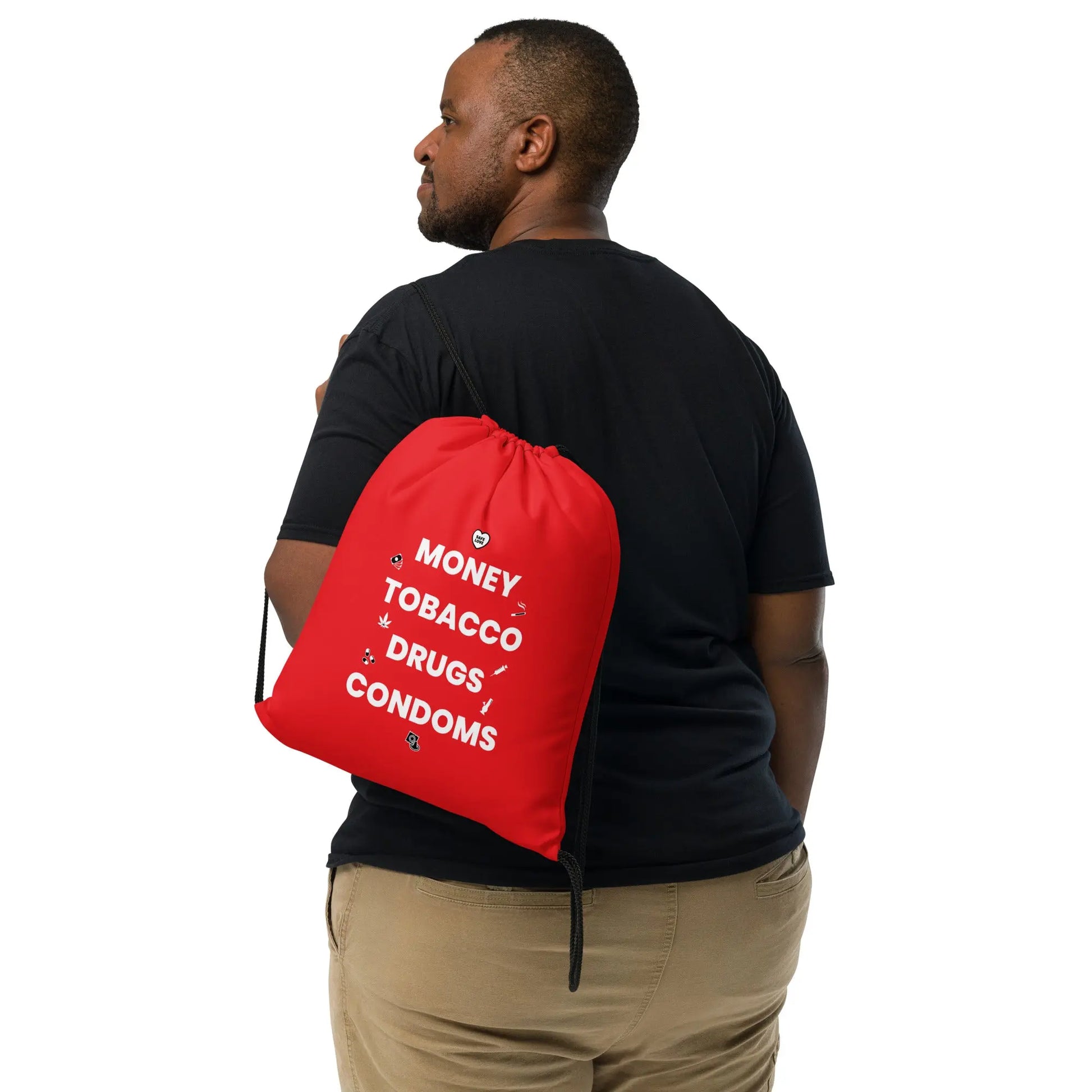 Sac à cordon Money Tobacco Drugs Condoms rouge - Sedurro
