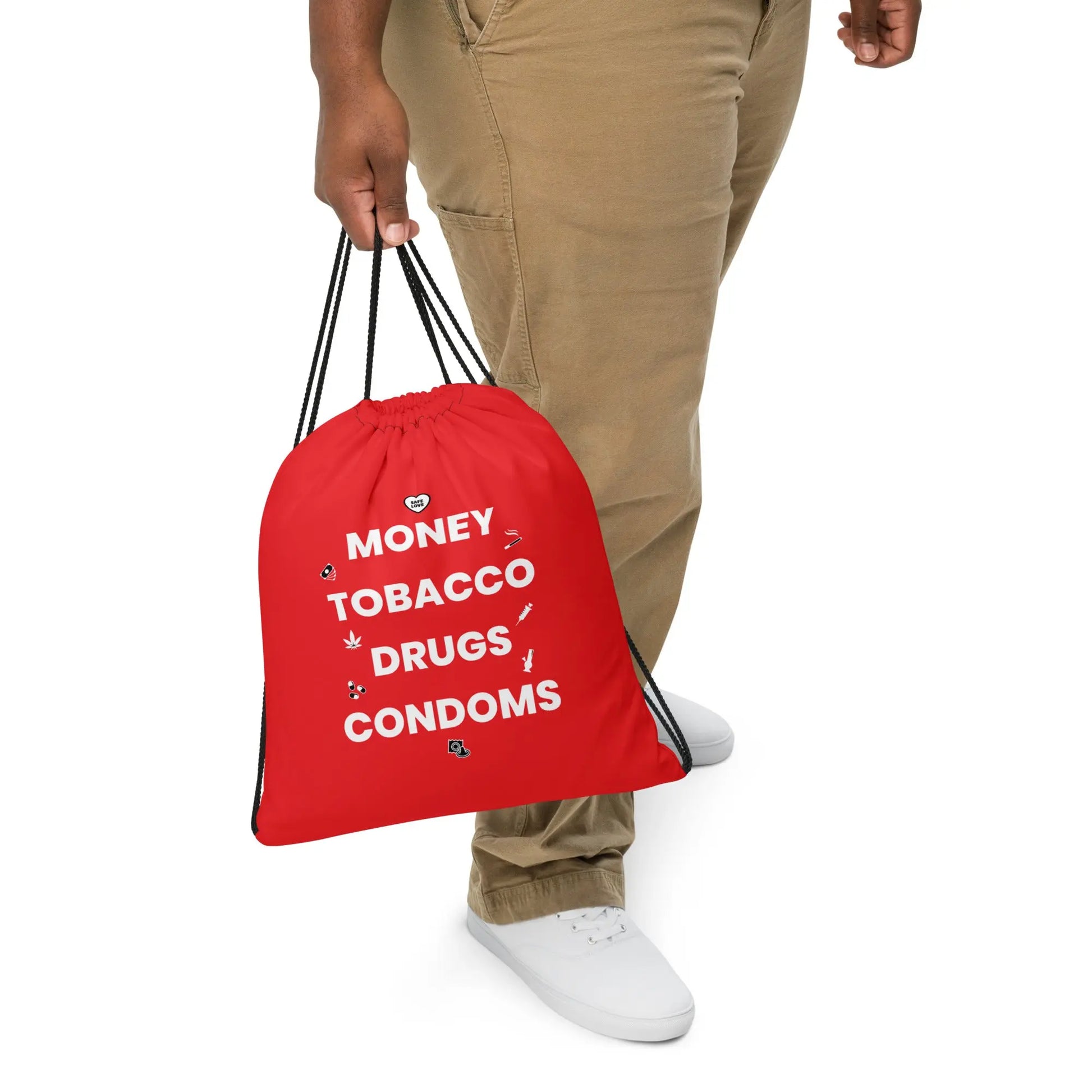 Sac à cordon Money Tobacco Drugs Condoms rouge - Sedurro