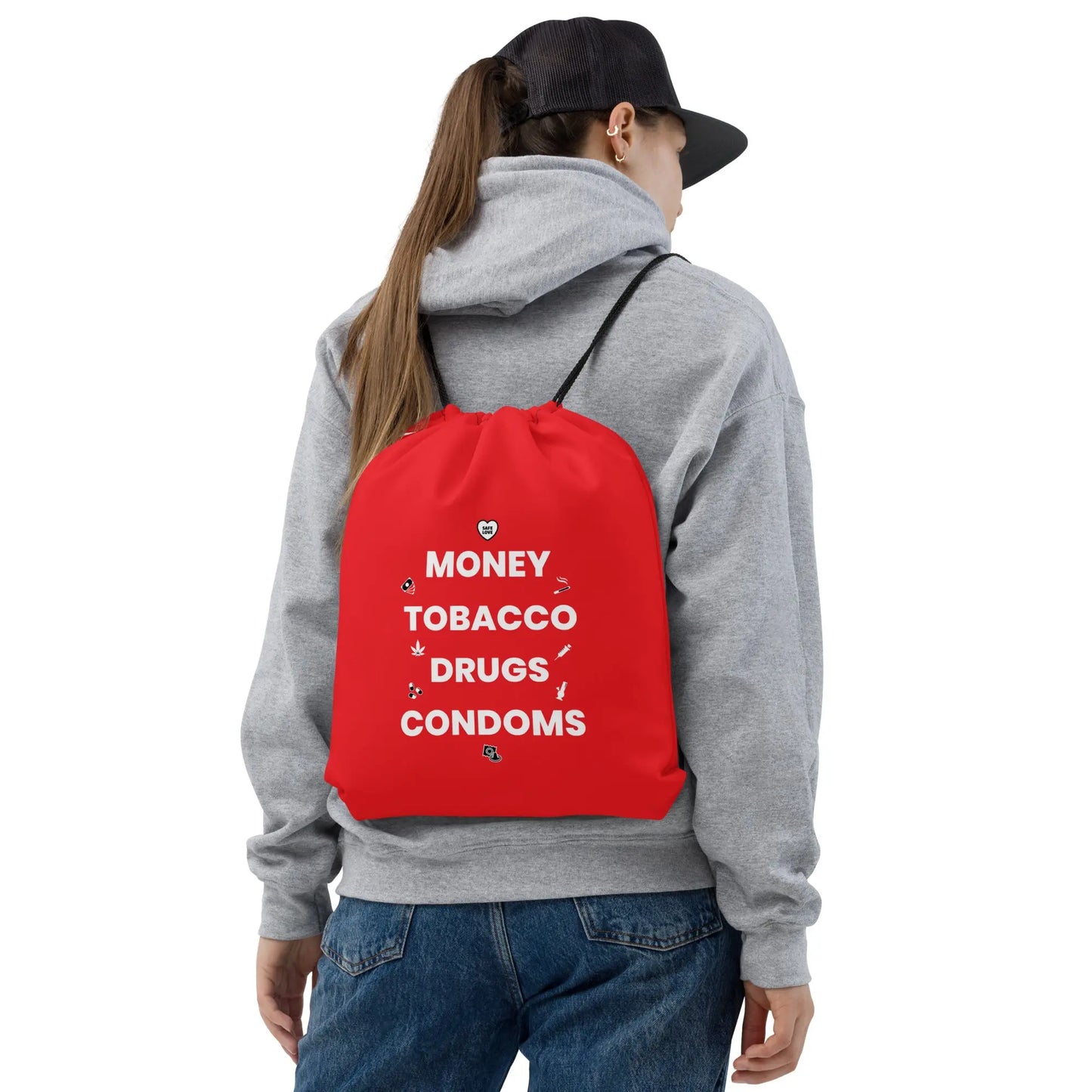 Sac à cordon Money Tobacco Drugs Condoms rouge - Sedurro