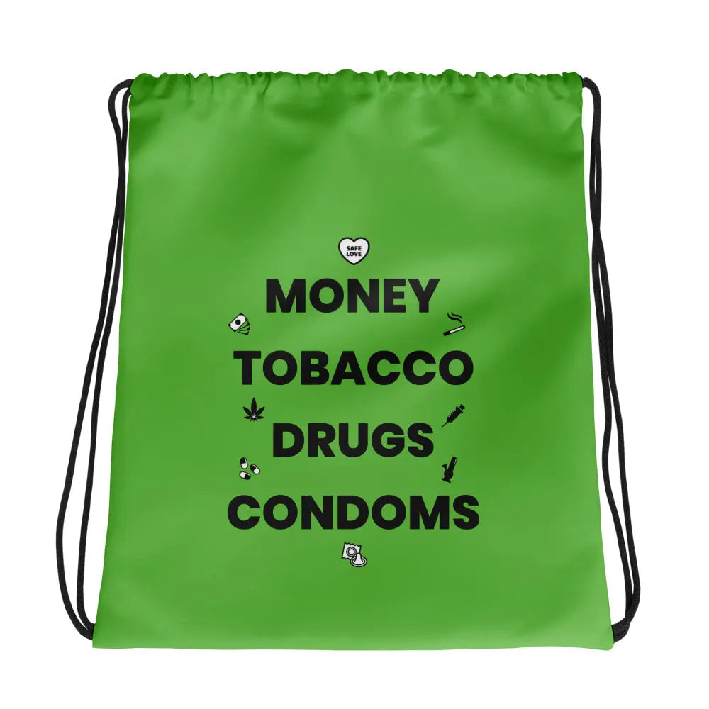 Sac à cordon Money Tobacco Drugs Condoms vert - Sedurro