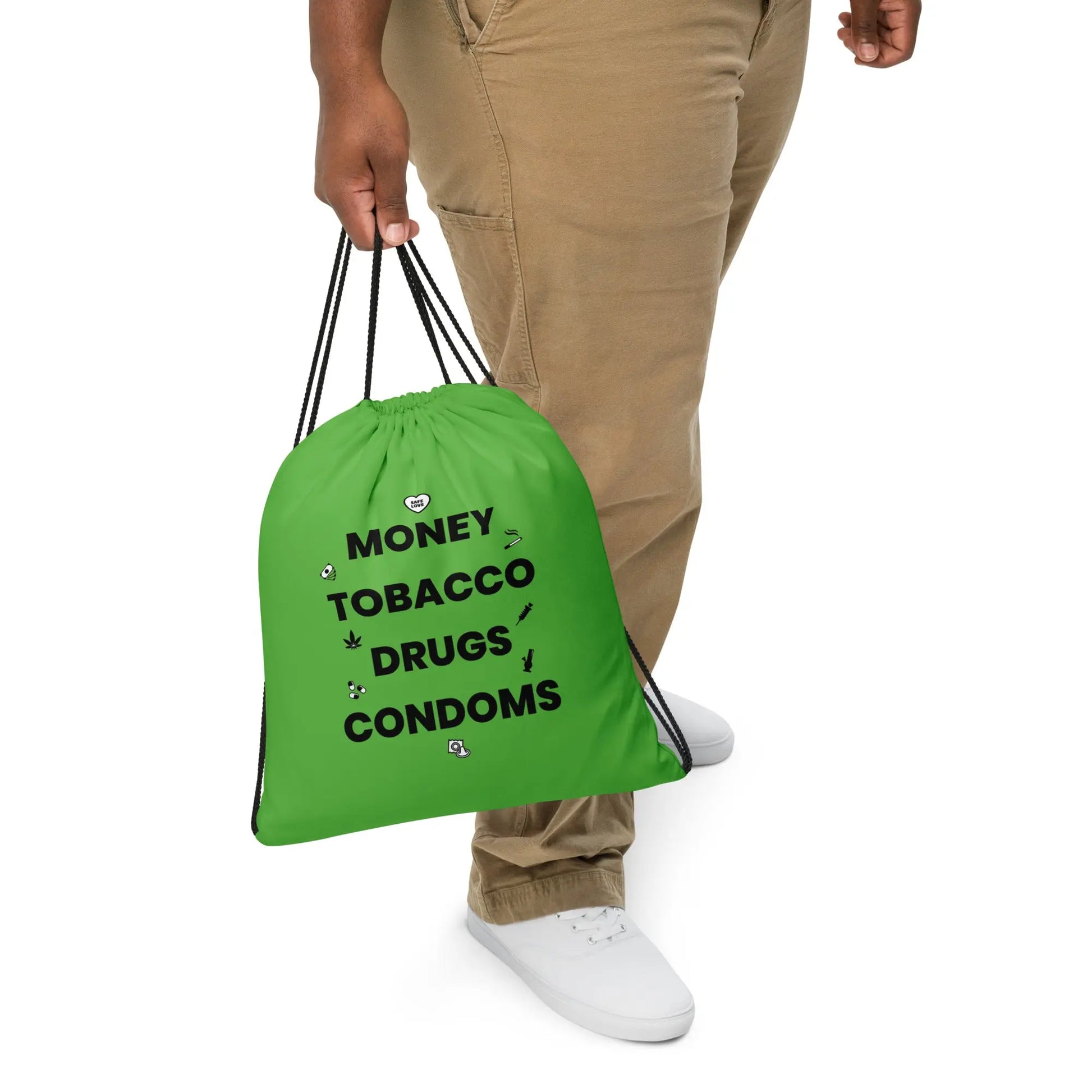 Sac à cordon Money Tobacco Drugs Condoms vert - Sedurro