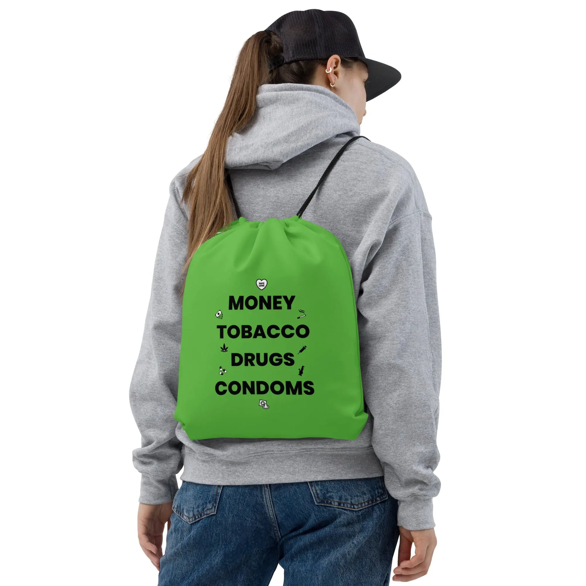 Sac à cordon Money Tobacco Drugs Condoms vert - Sedurro