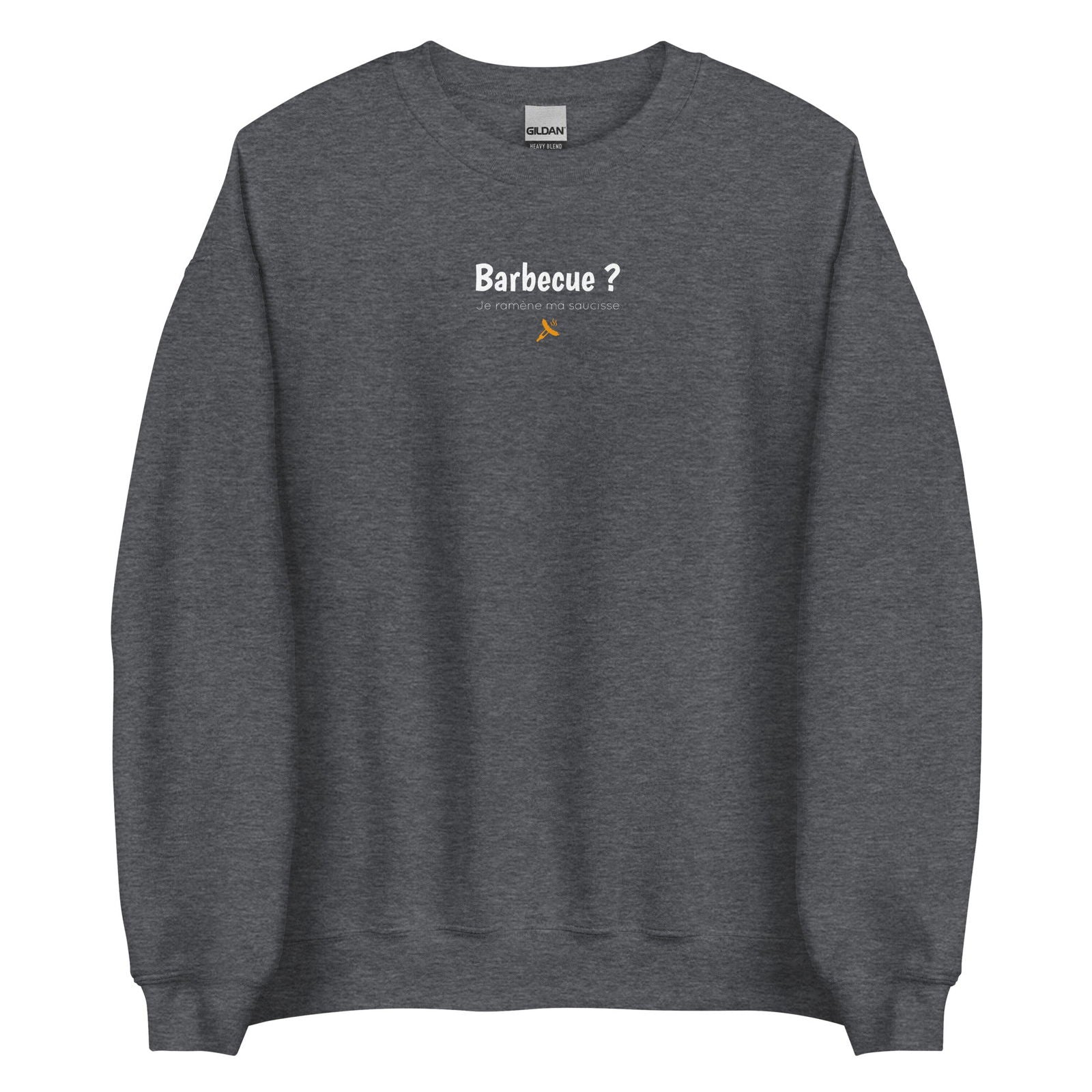 Sweat unisexe col rond Barbecue je ramène ma saucisse Gris Foncé Chiné - Sedurro