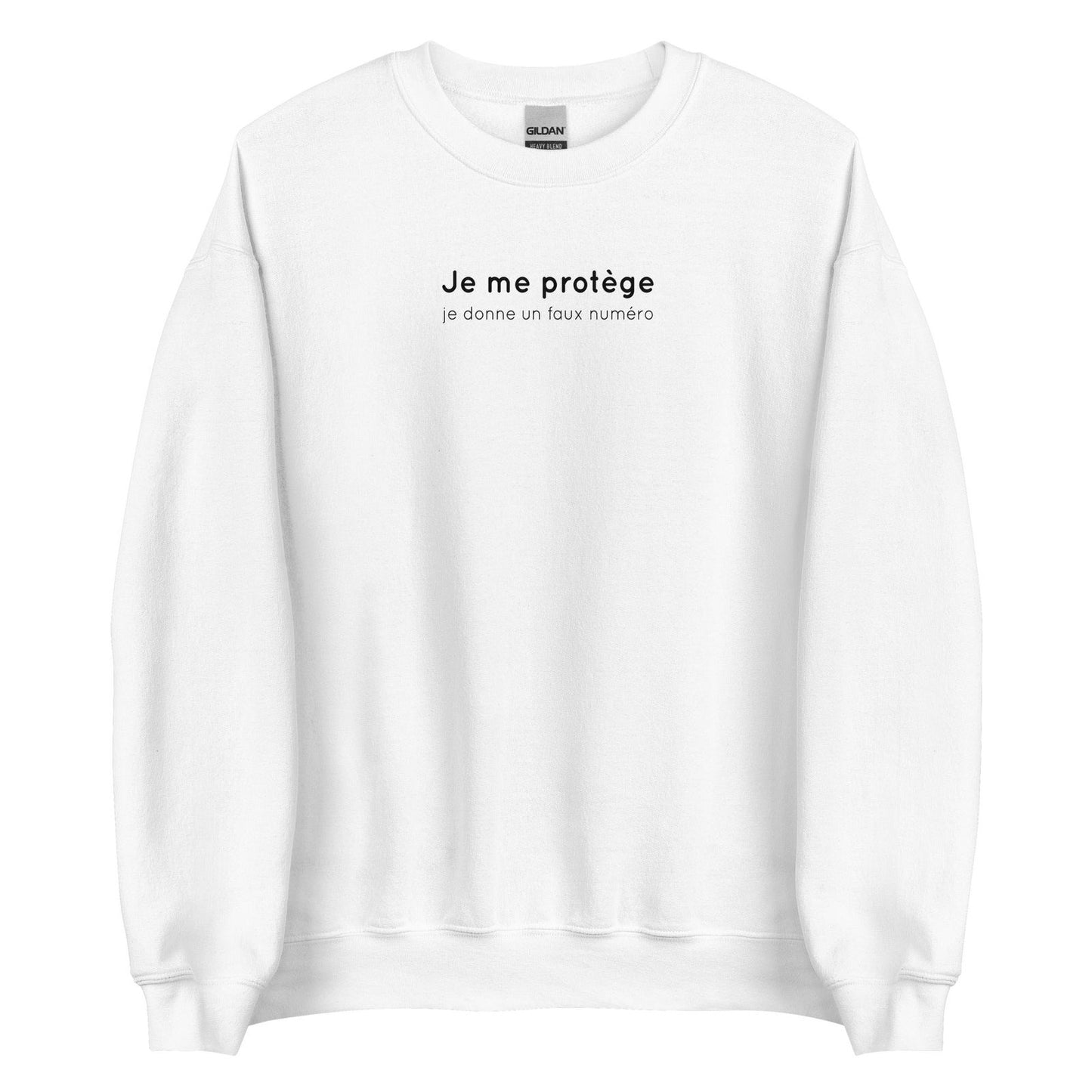 Sweat unisexe col rond Je me protège je donne un faux numéro Blanc - Sedurro
