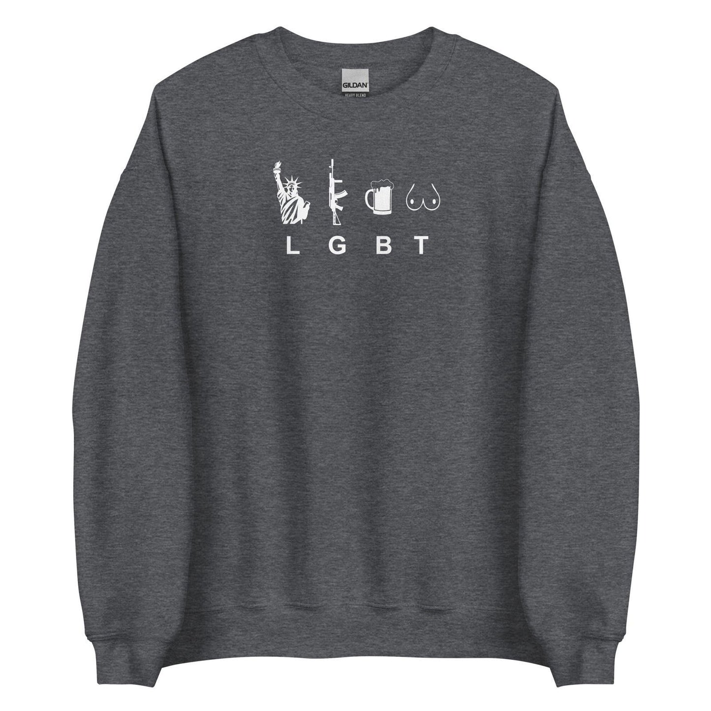 Sweat unisexe col rond LGBT liberty gun beer tits Gris Foncé Chiné - Sedurro