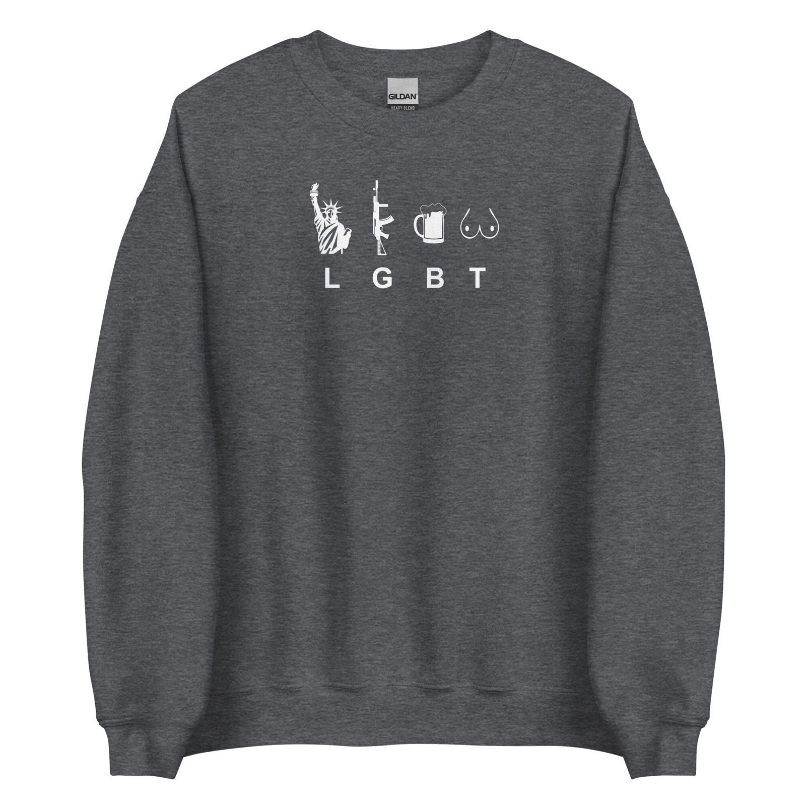 Sweat unisexe col rond LGBT liberty gun beer tits Gris Foncé Chiné - Sedurro