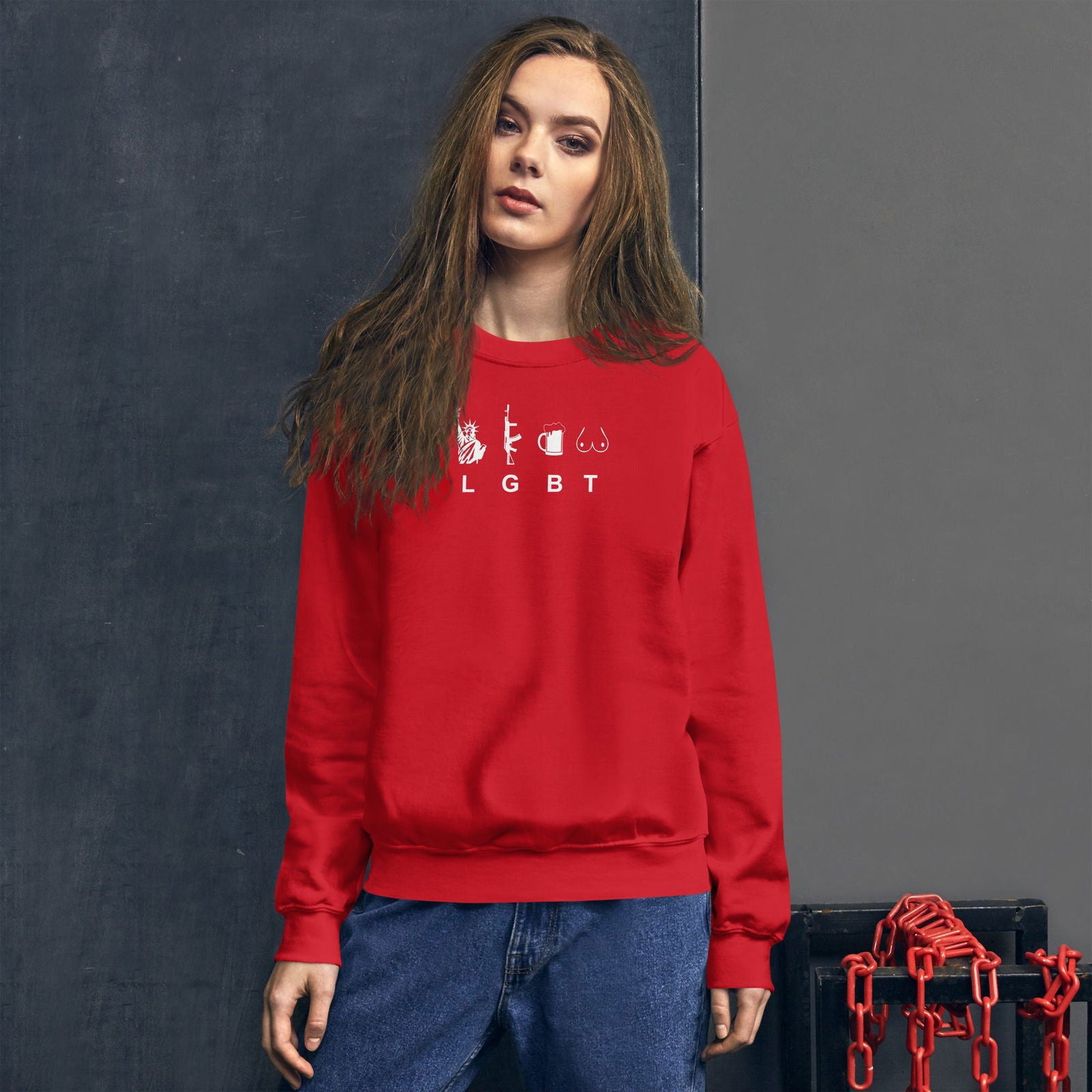 Sweat unisexe col rond LGBT liberty gun beer tits - Sedurro
