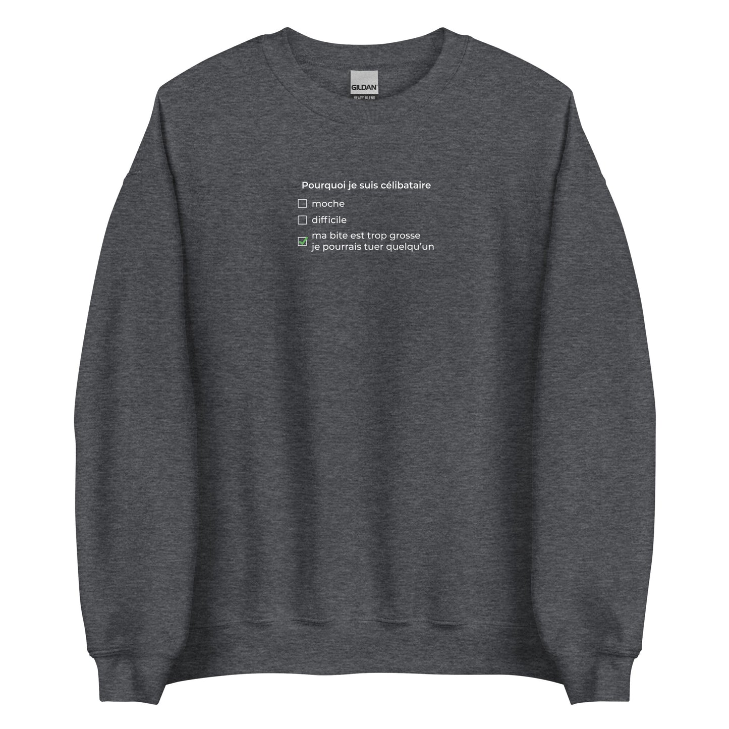 Sweat unisexe col rond Pourquoi je suis célibataire ma bite est trop grosse Gris Foncé Chiné - Sedurro