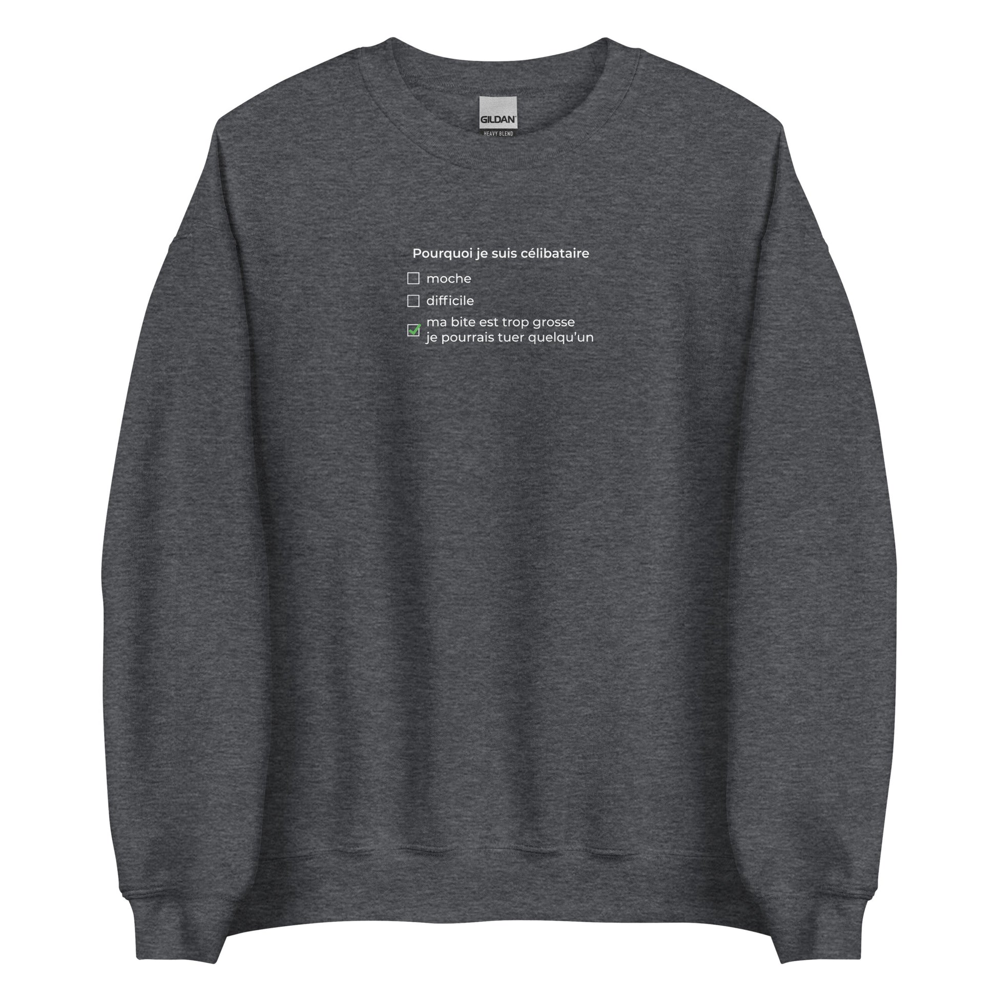 Sweat unisexe col rond Pourquoi je suis célibataire ma bite est trop grosse Gris Foncé Chiné - Sedurro