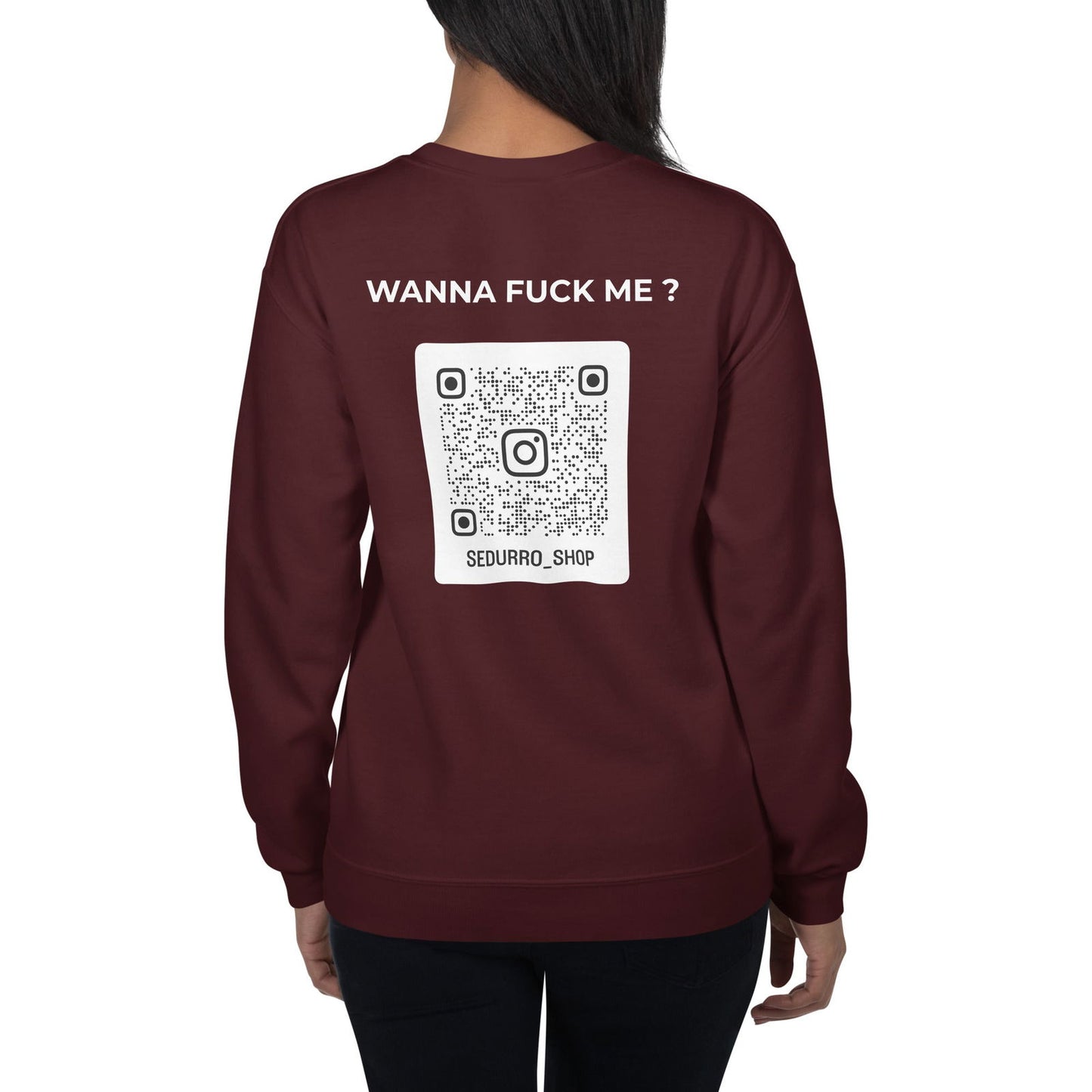 Sweat unisexe col rond personnalisable QR code Instagram dos - Wanna fuck me - foncé - Sedurro