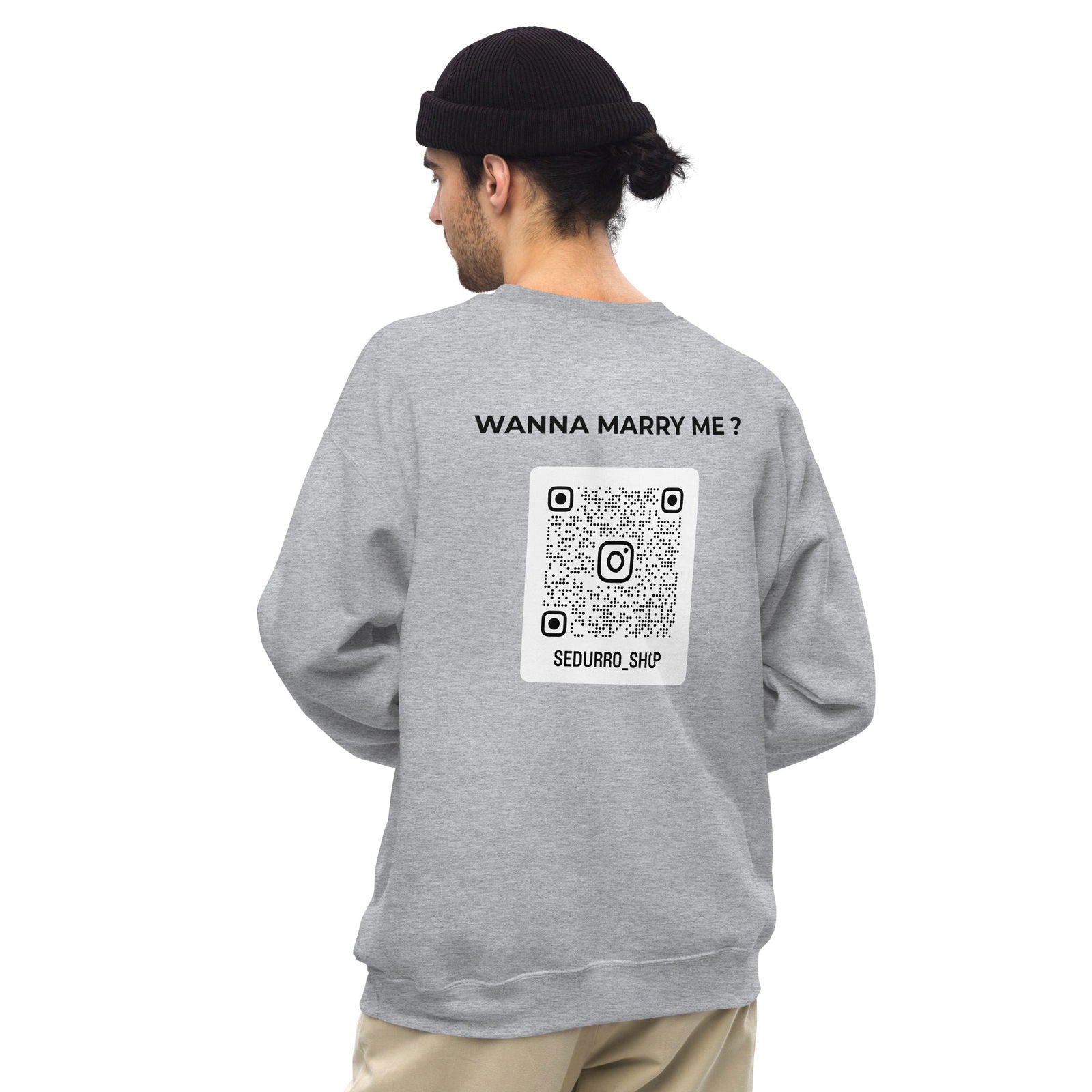 Sweat unisexe col rond personnalisable QR code Instagram dos - Wanna marry me - clair - Sedurro