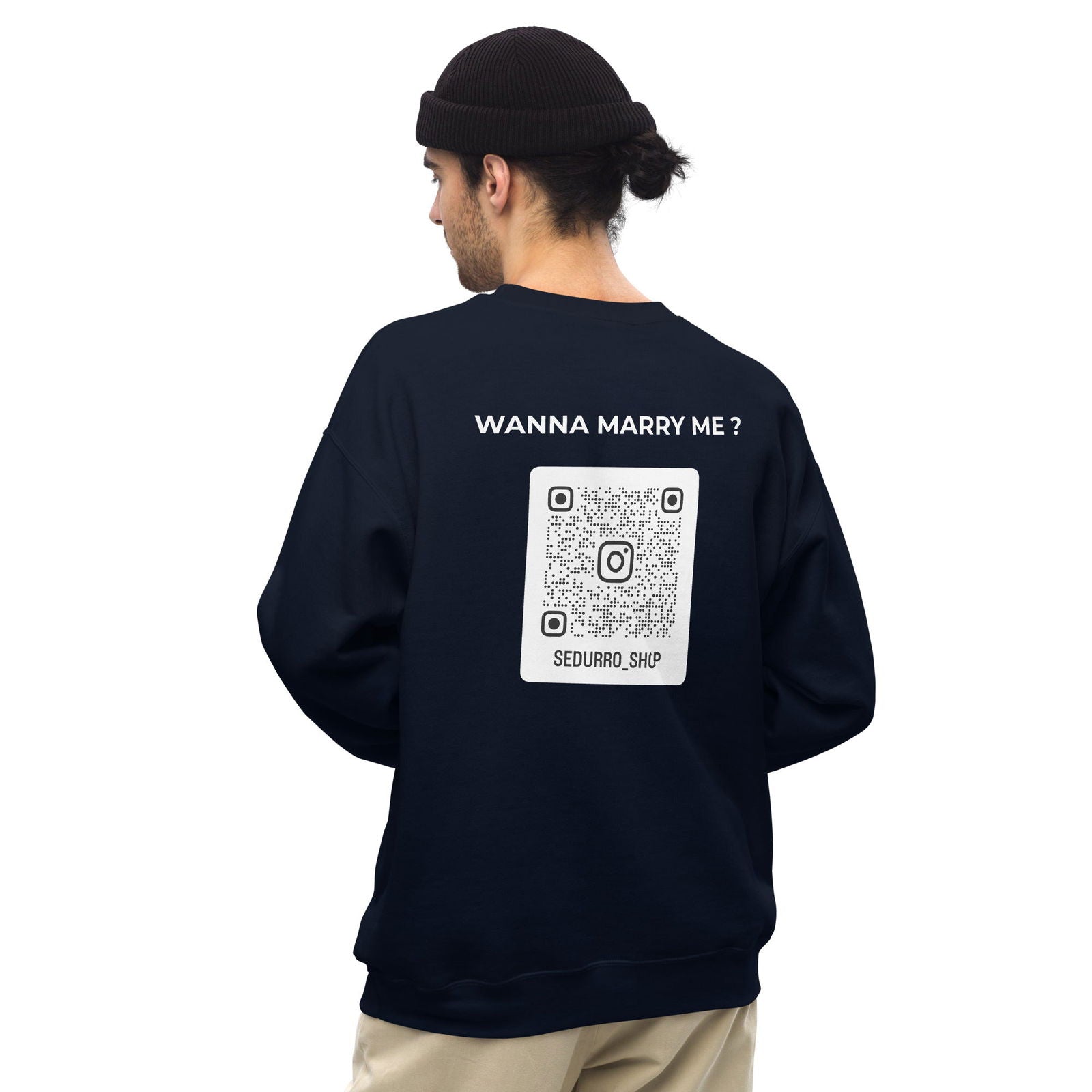 Sweat unisexe col rond personnalisable QR code Instagram dos - Wanna marry me - foncé - Sedurro