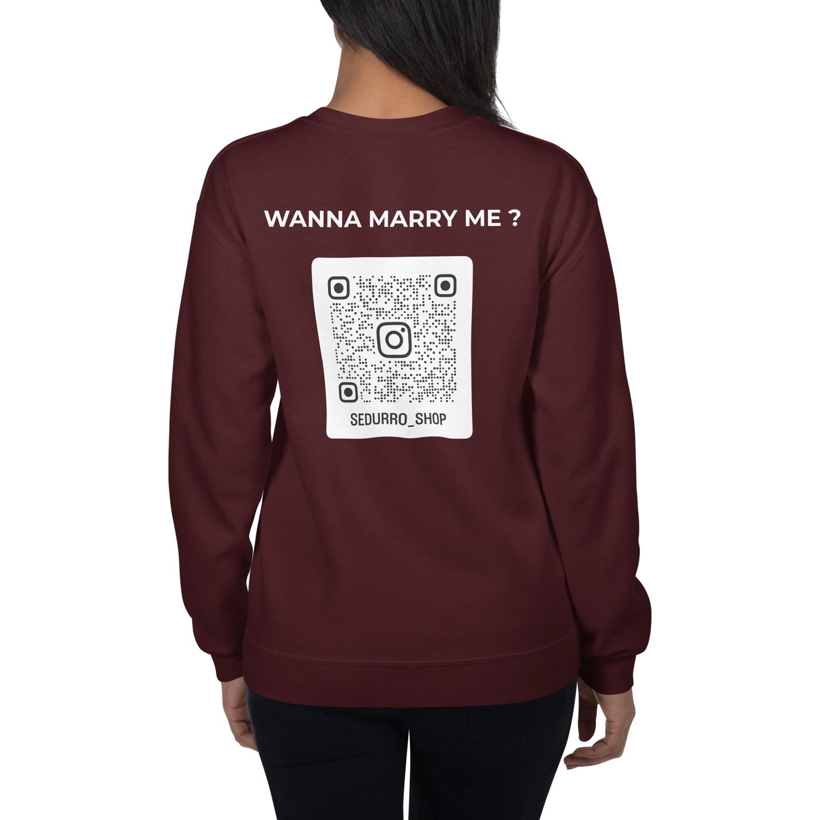 Sweat unisexe col rond personnalisable QR code Instagram dos - Wanna marry me - foncé - Sedurro