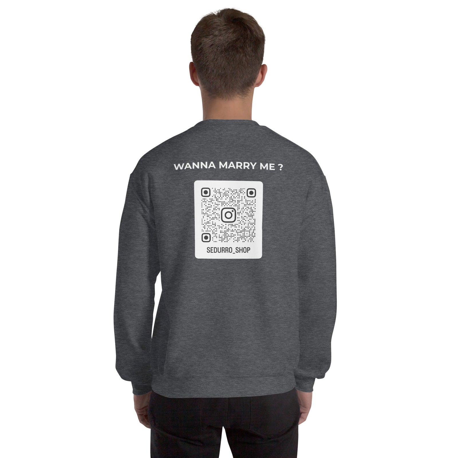 Sweat unisexe col rond personnalisable QR code Instagram dos - Wanna marry me - foncé - Sedurro
