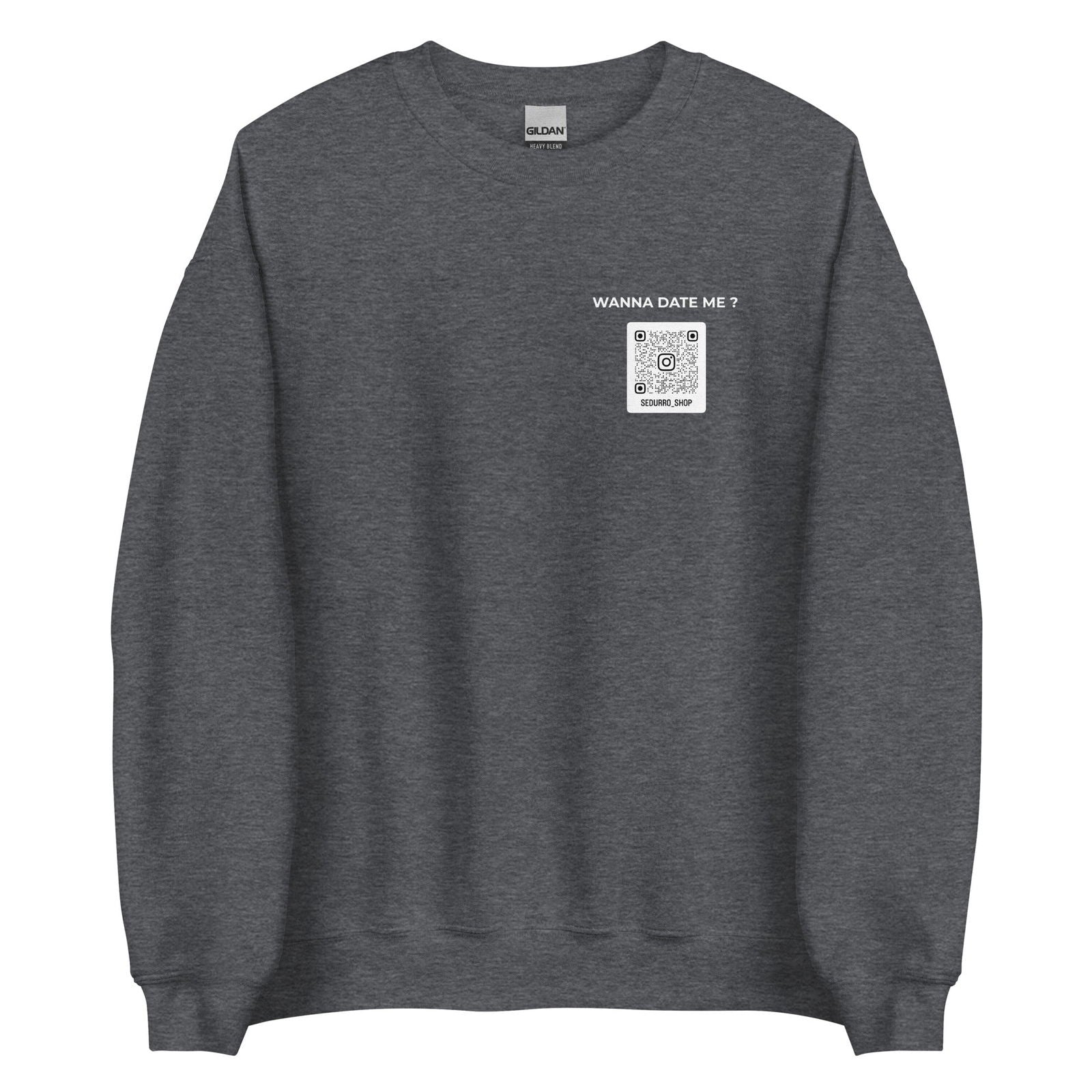 Sweat unisexe col rond personnalisable QR code Instagram poitrine - Wanna date me - foncé - Sedurro