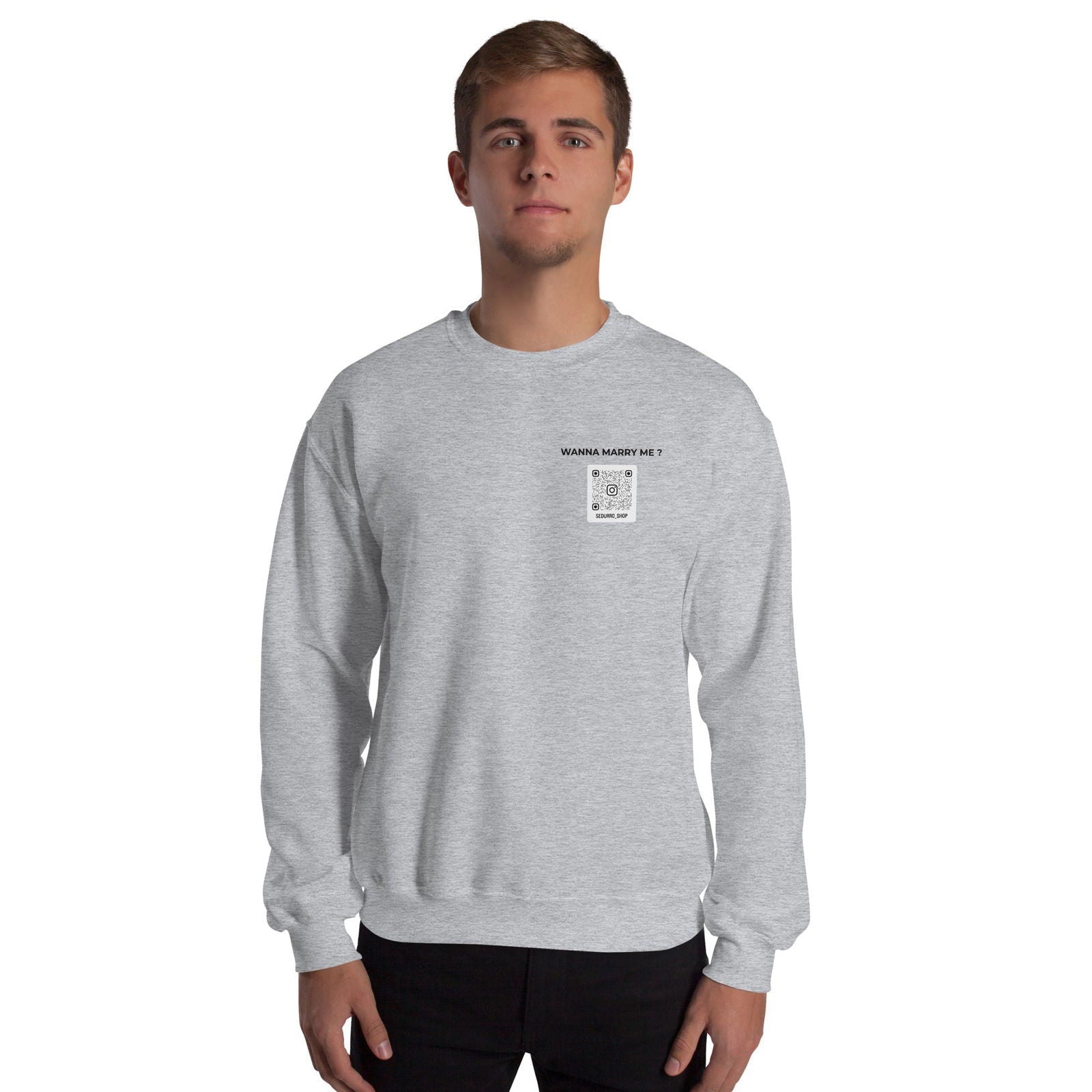 Sweat unisexe col rond personnalisable QR code Instagram poitrine - Wanna marry me - clair - Sedurro