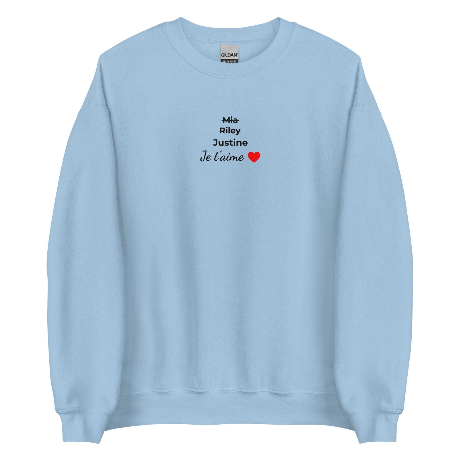 Sweat unisexe col rond personnalisable prénoms barrés femmes je t'aime - clair Bleu Clair - Sedurro