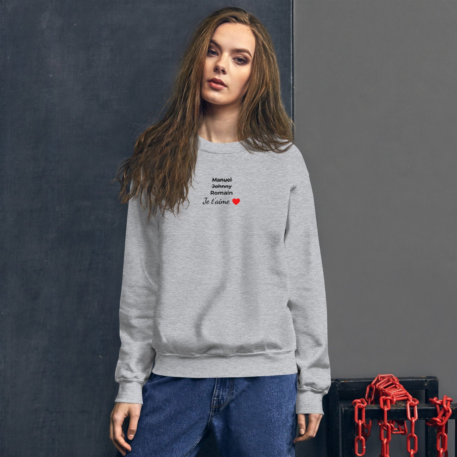 Sweat unisexe col rond personnalisable prénoms barrés hommes je t'aime - clair - Sedurro