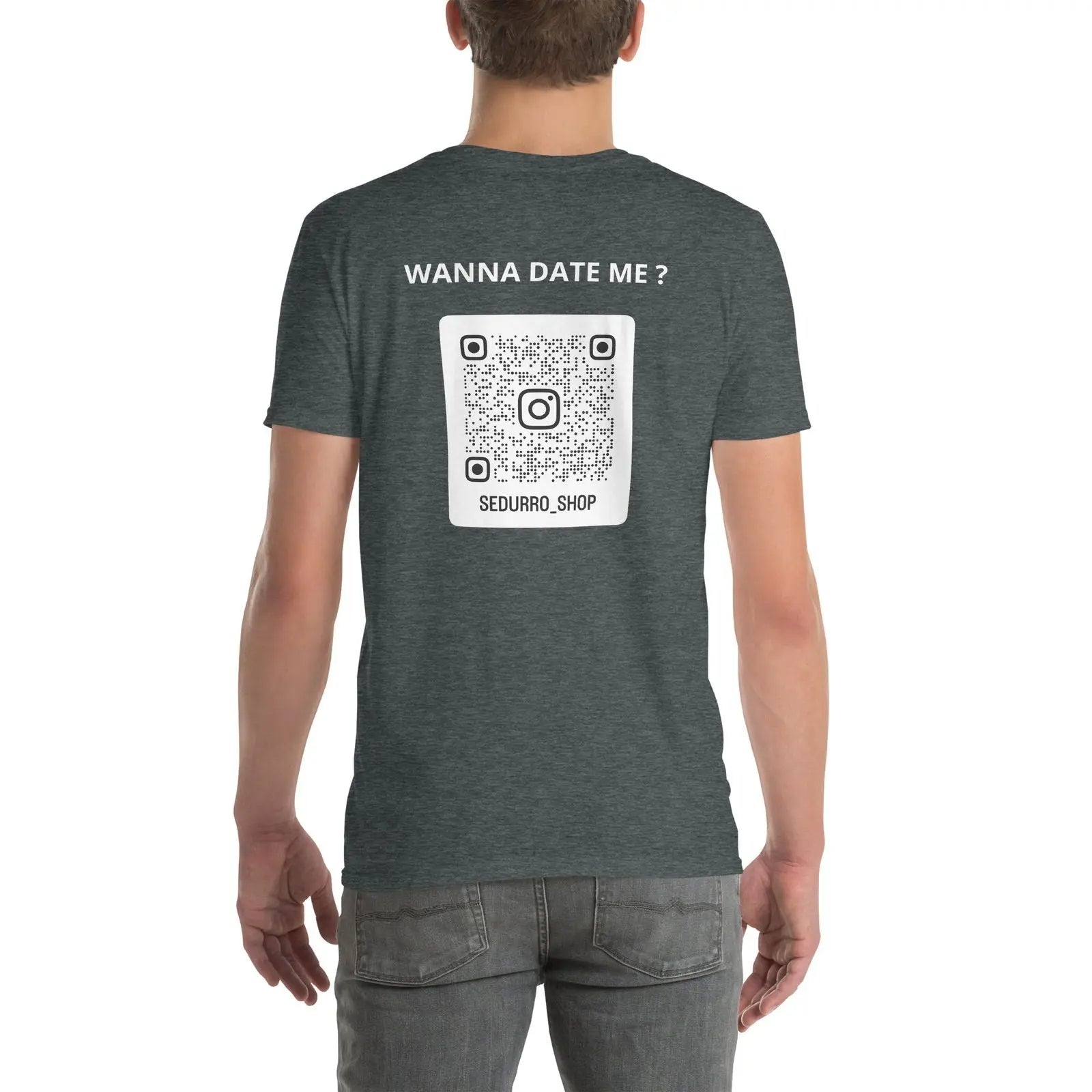 T-shirt unisexe personnalisable QR code Instagram dos - Wanna date me - foncé Gris Foncé Chiné - Sedurro