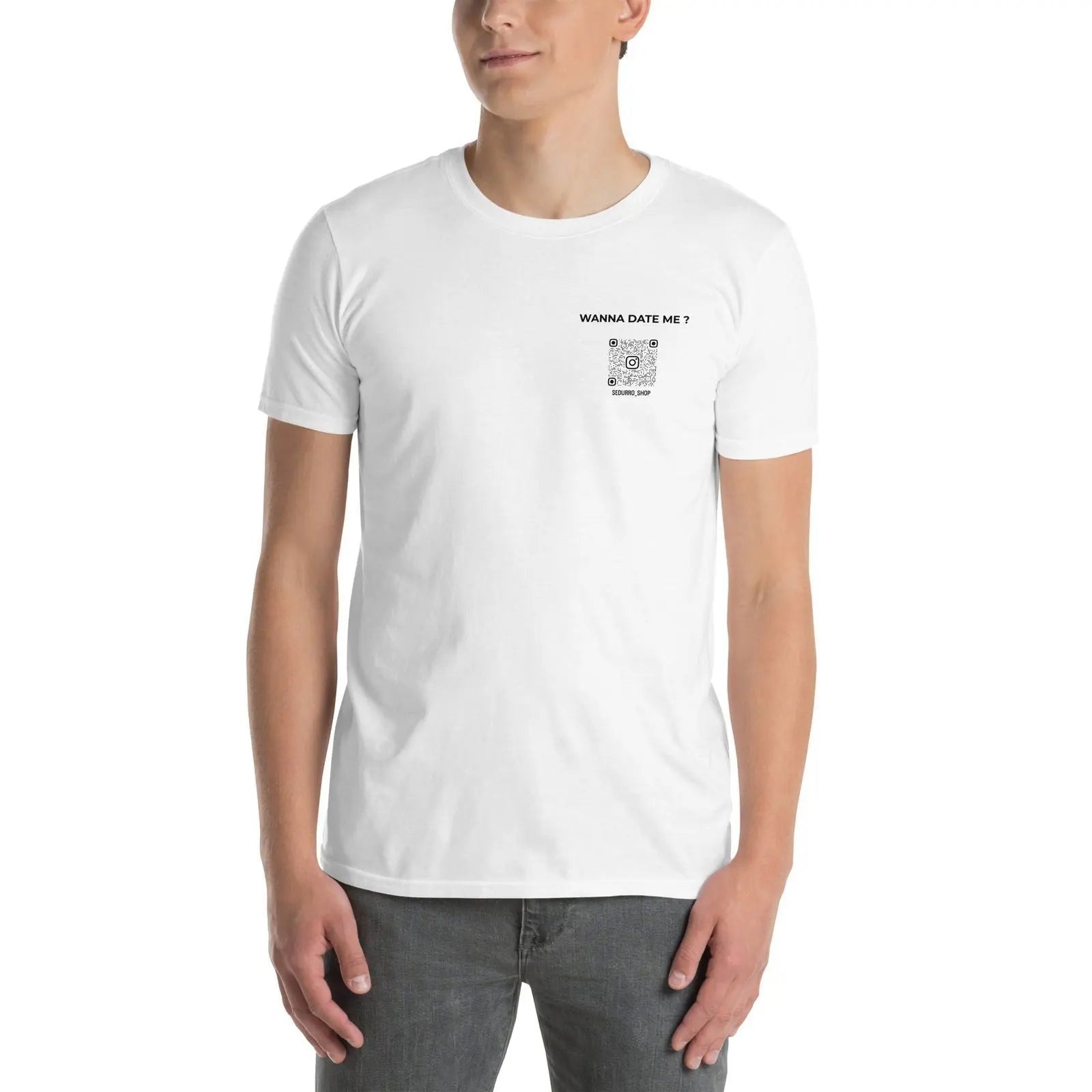 T-shirt unisexe personnalisable QR code Instagram poitrine - Wanna date me - clair - Sedurro