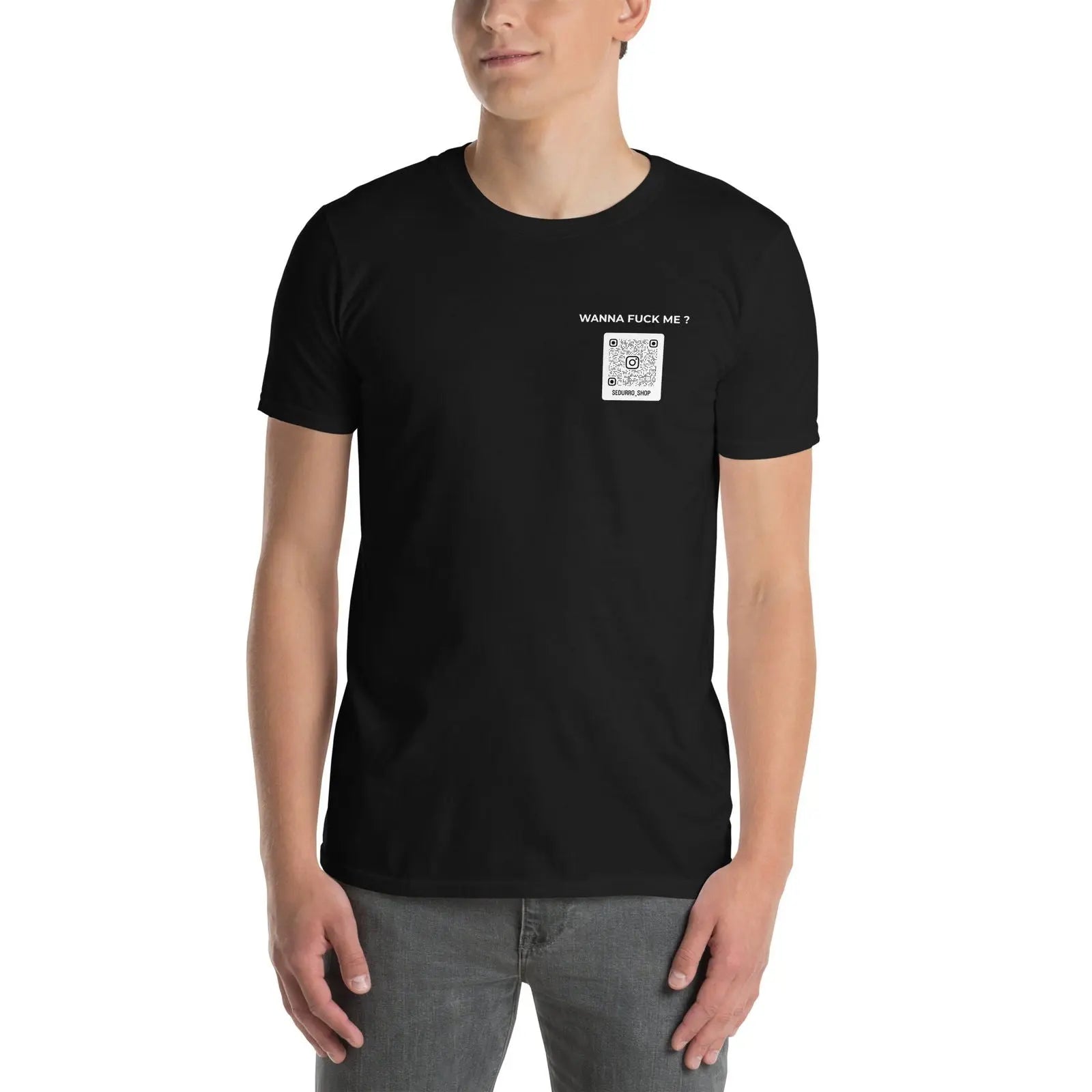 T-shirt unisexe personnalisable QR code Instagram poitrine - Wanna fuck me - foncé - Sedurro