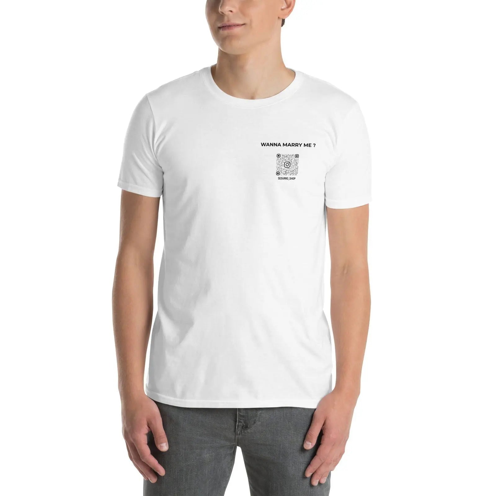 T-shirt unisexe personnalisable QR code Instagram poitrine - Wanna marry me - clair - Sedurro