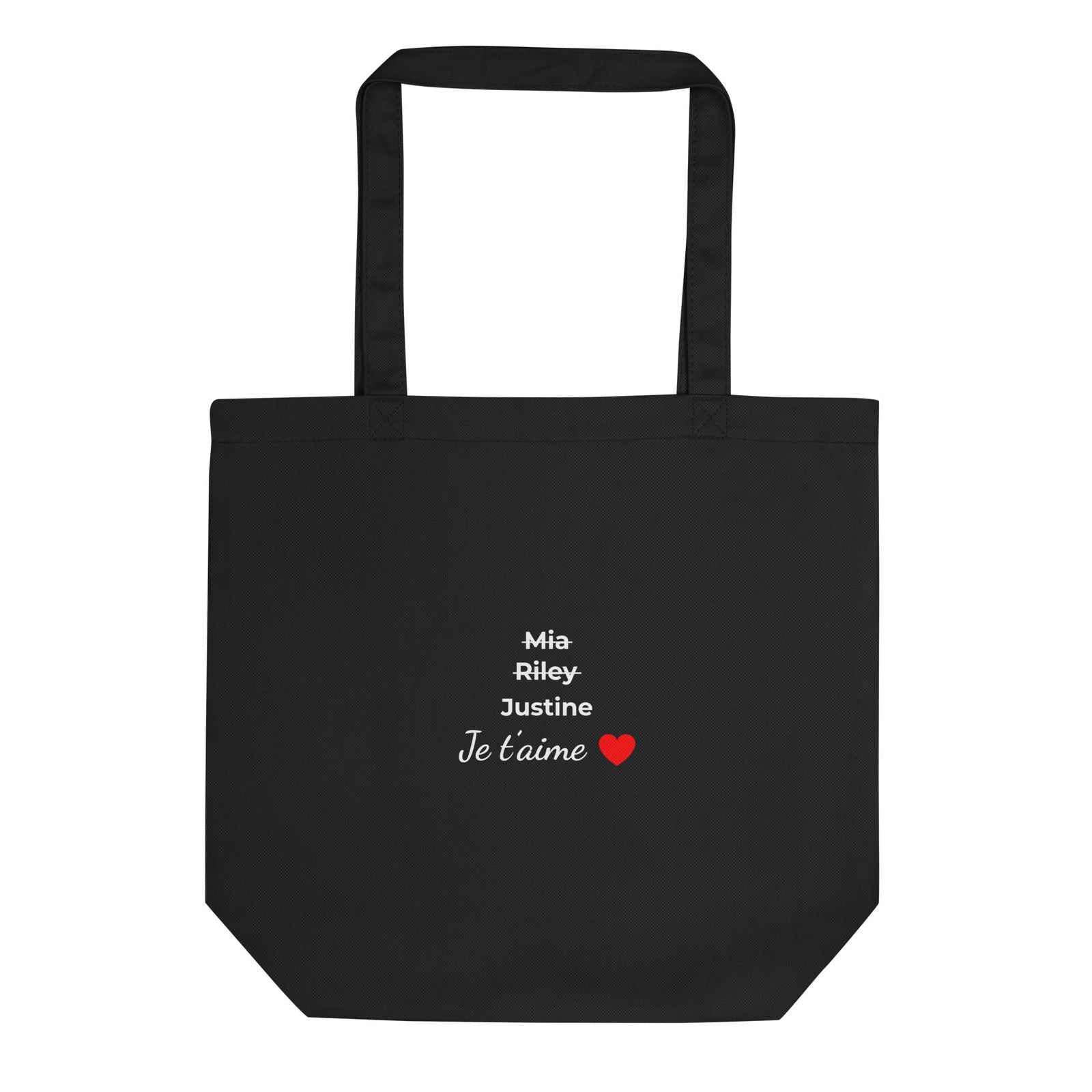 Tote bag bio personnalisable prénoms barrés femmes je t'aime - foncé - Sedurro