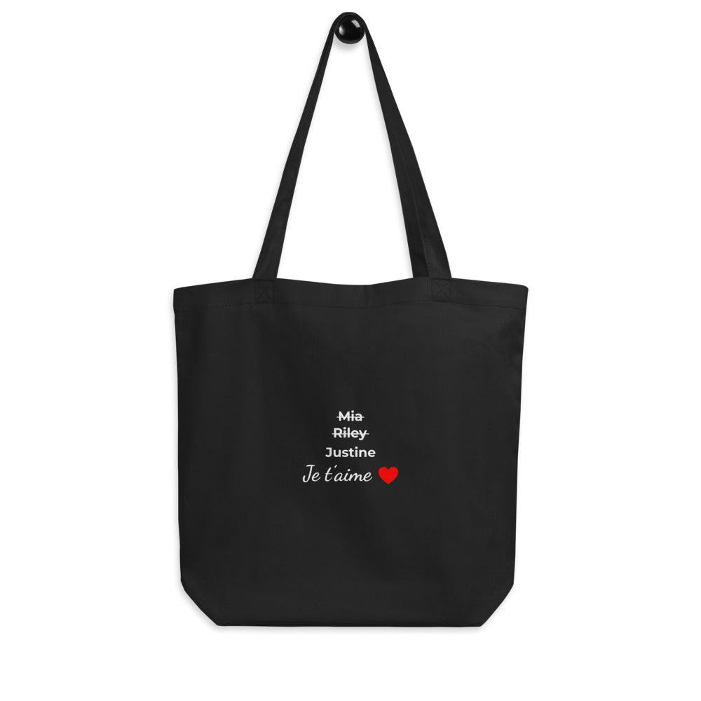 Tote bag bio personnalisable prénoms barrés femmes je t'aime - foncé - Sedurro